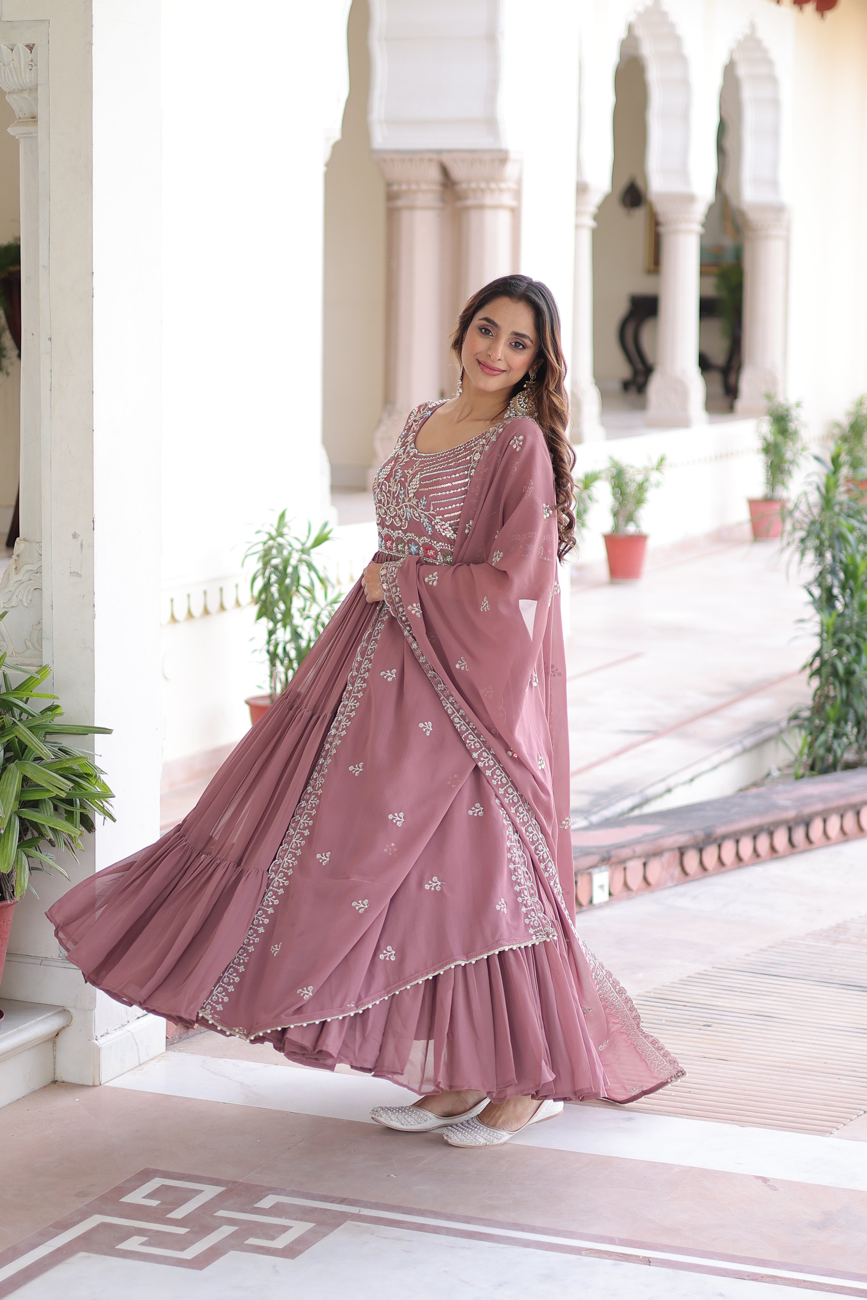 Georgette Sequins Festive Wear Gown With Dupatta