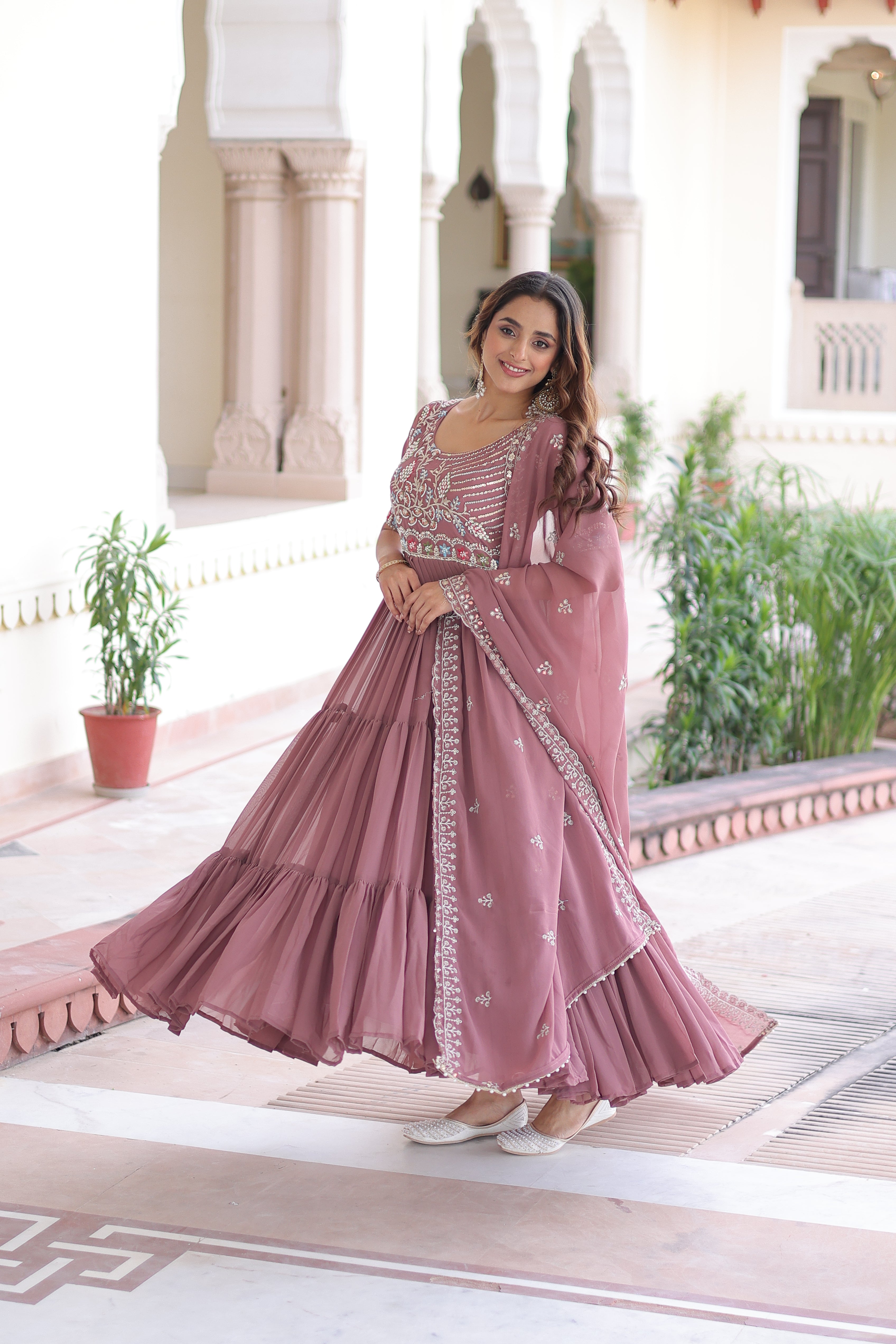 Georgette Sequins Festive Wear Gown With Dupatta