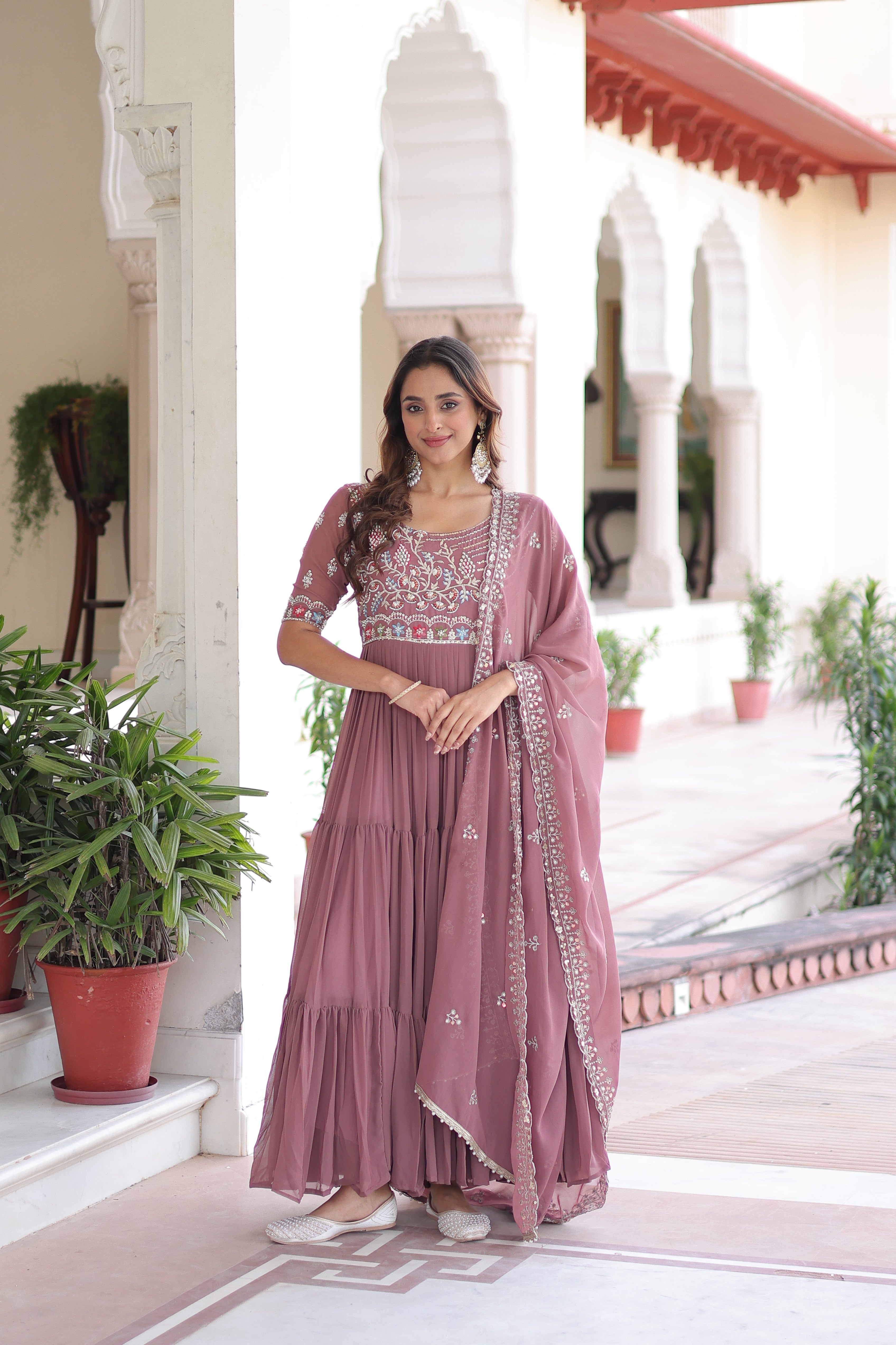 Georgette Sequins Festive Wear Gown With Dupatta