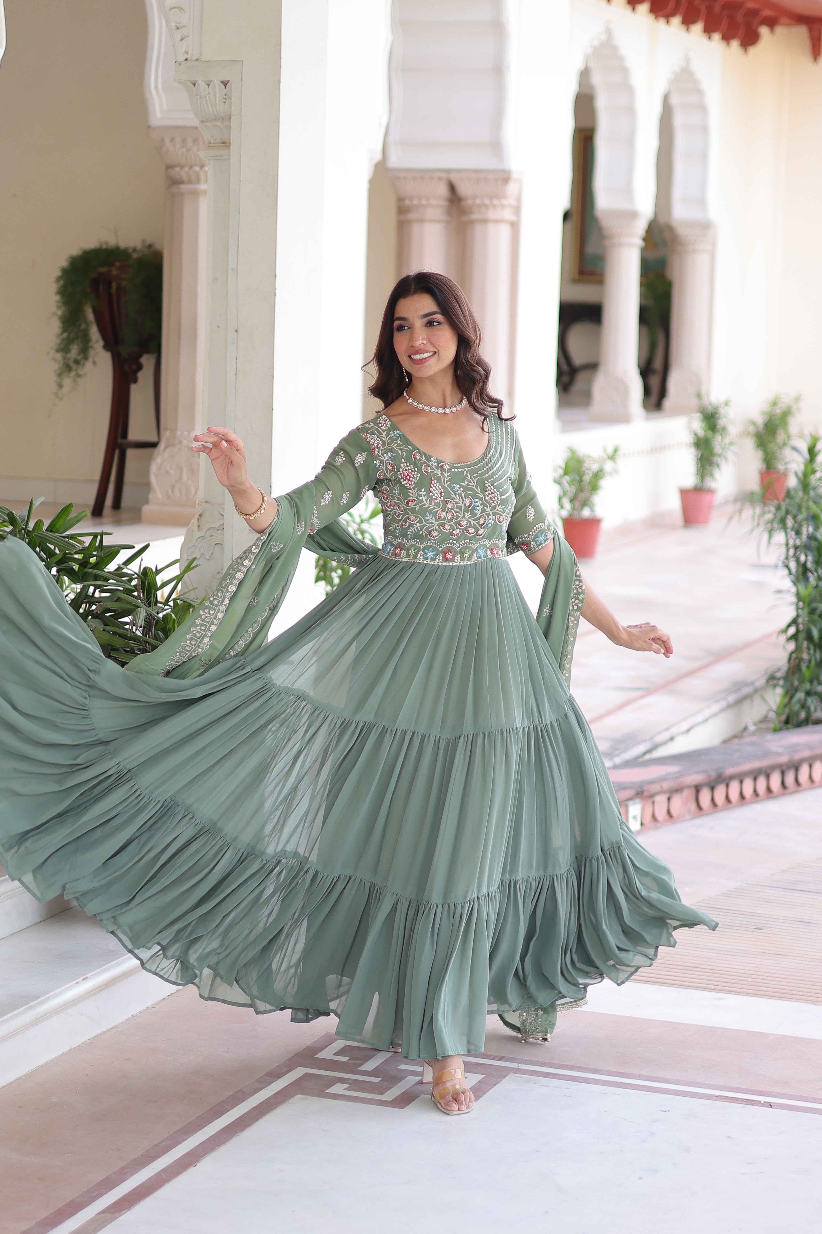 Georgette Sequins Festive Wear Gown With Dupatta