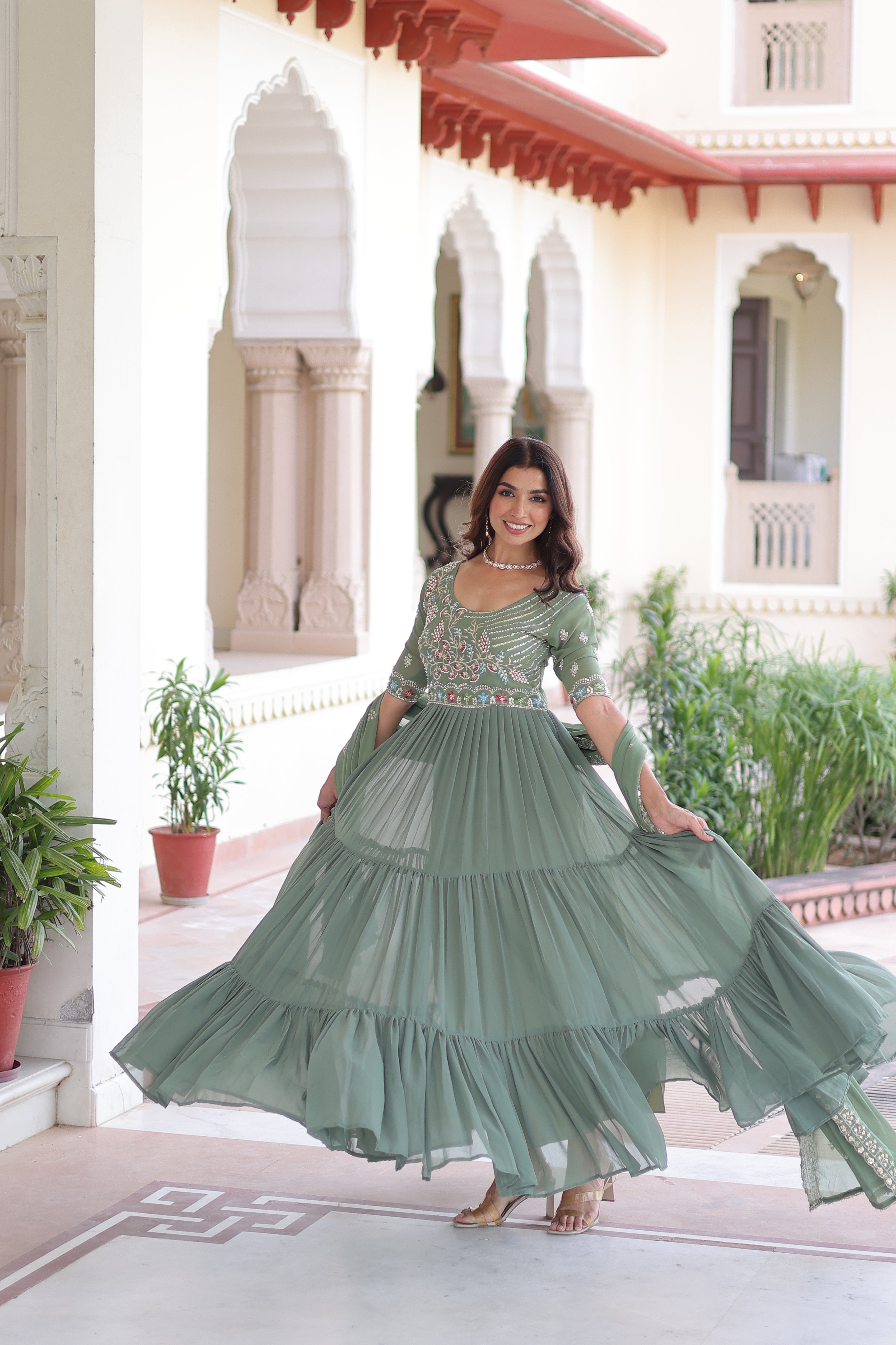 Georgette Sequins Festive Wear Gown With Dupatta