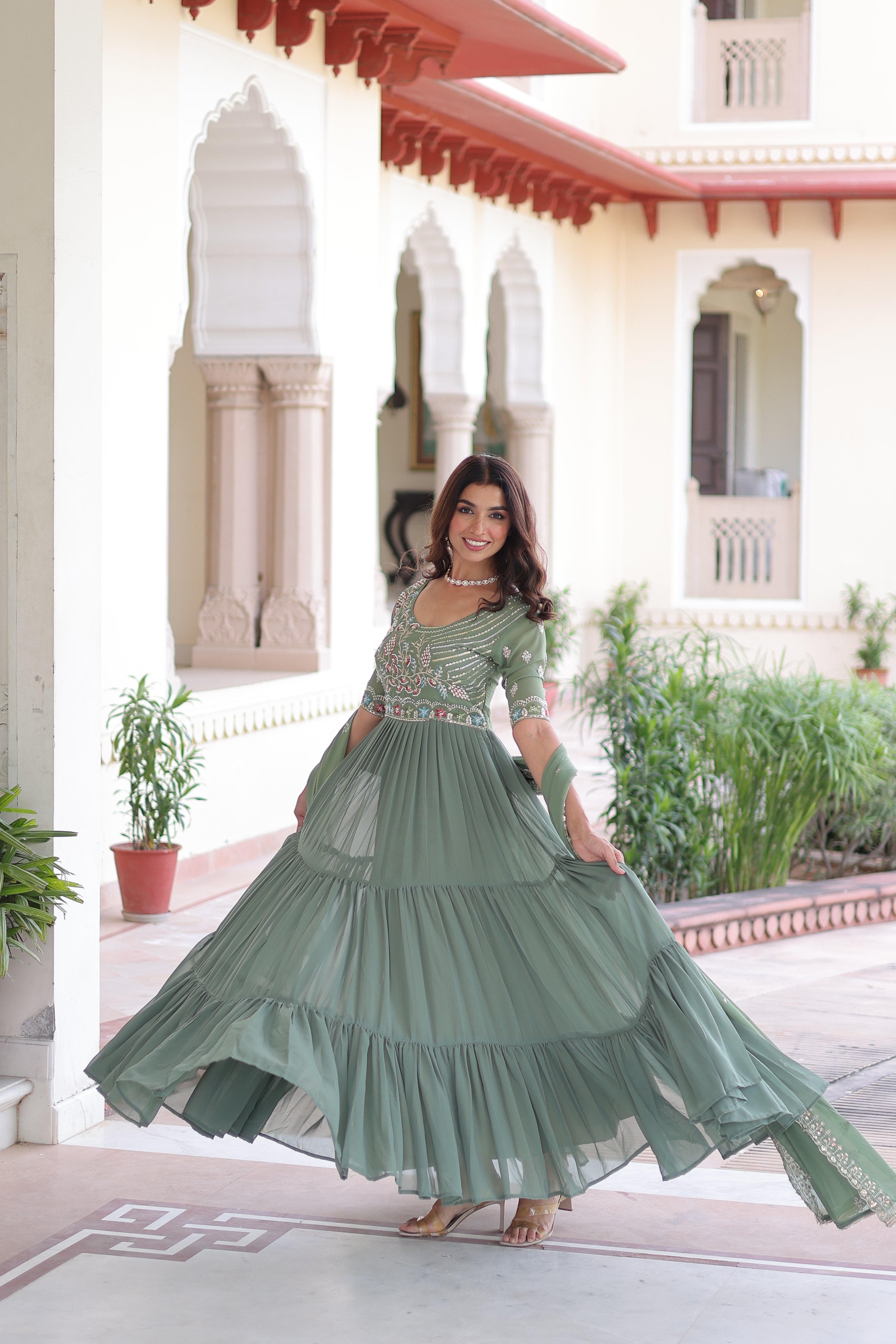 Georgette Sequins Festive Wear Gown With Dupatta
