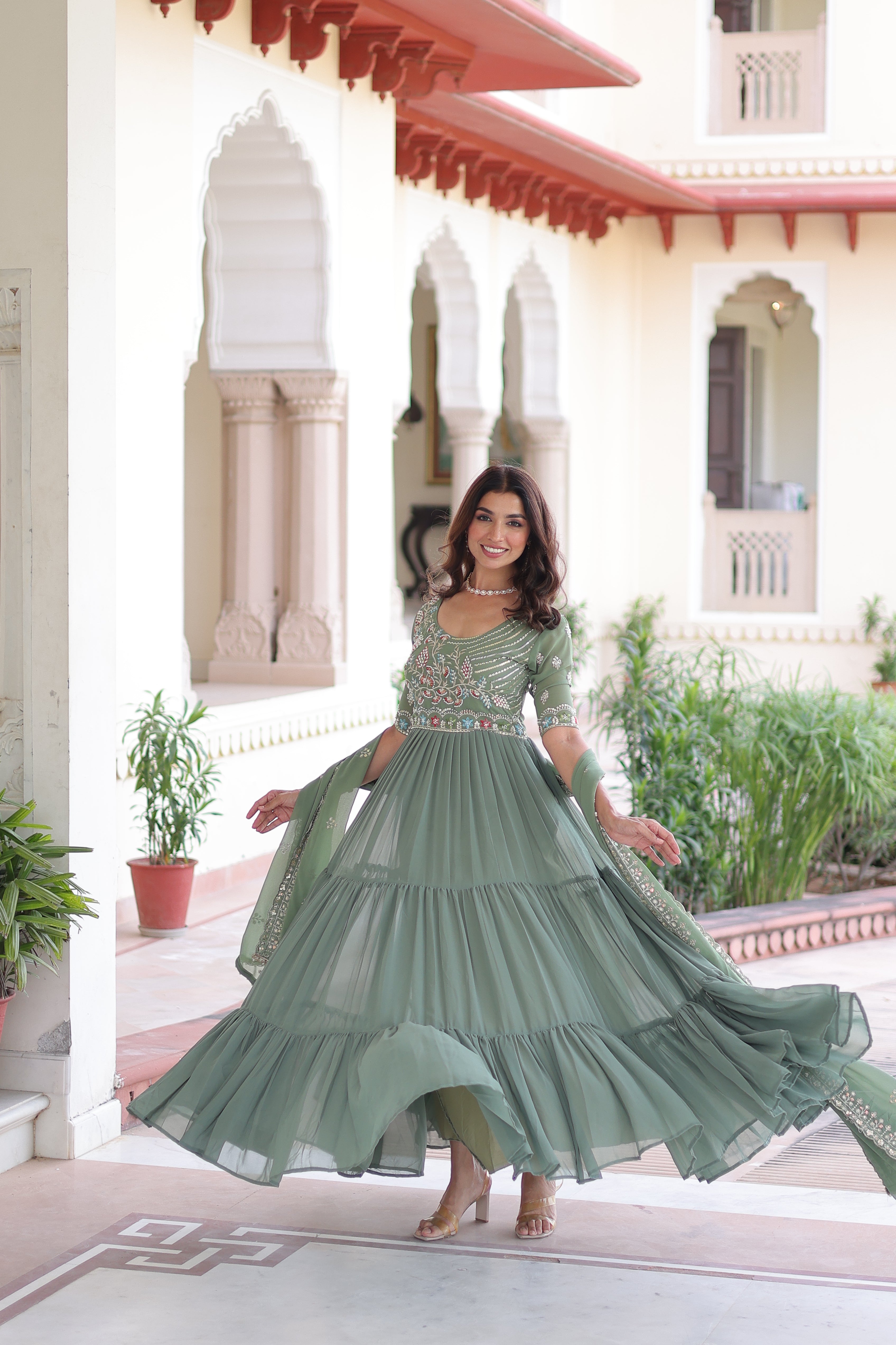 Georgette Sequins Festive Wear Gown With Dupatta