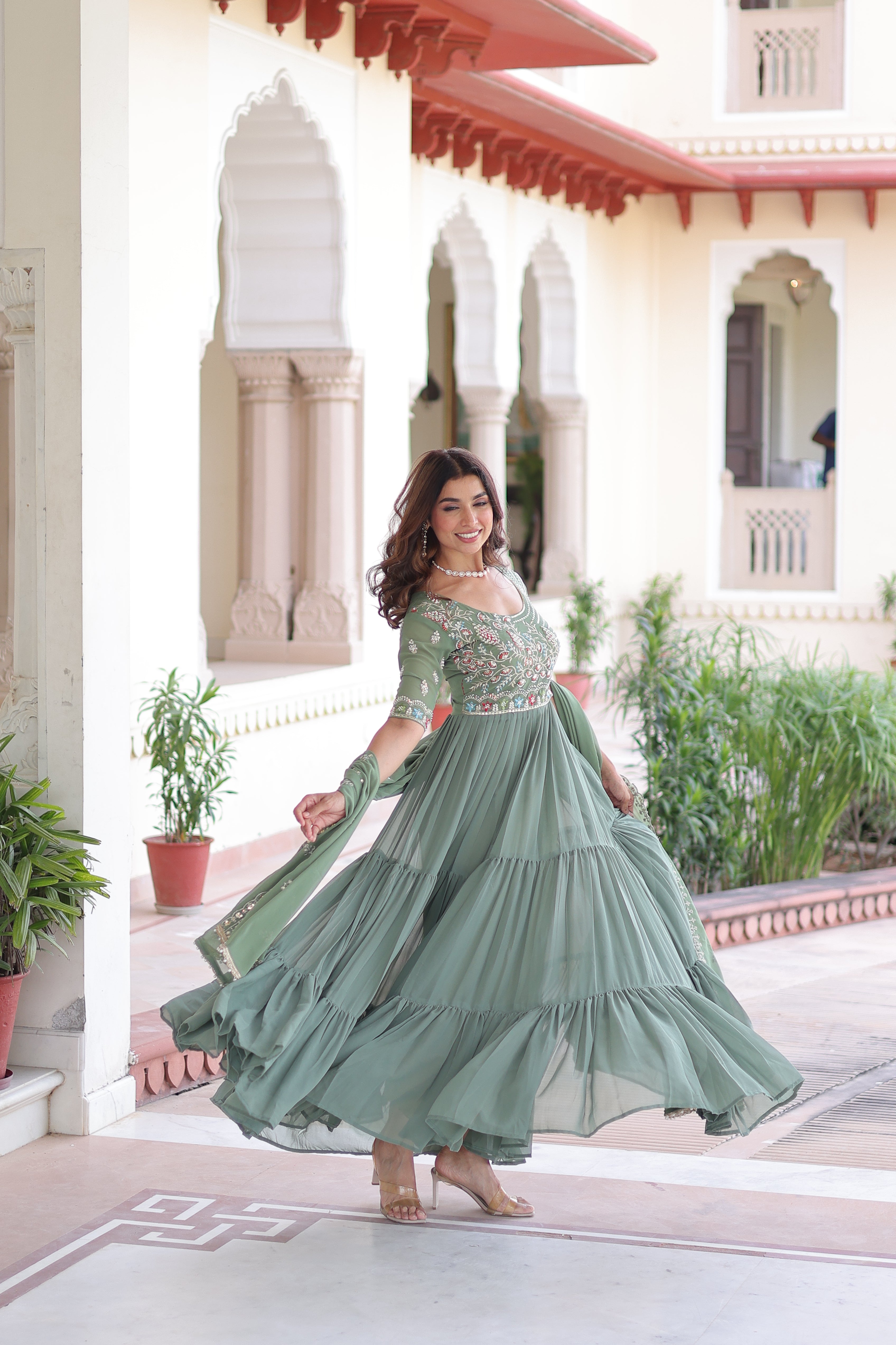 Georgette Sequins Festive Wear Gown With Dupatta
