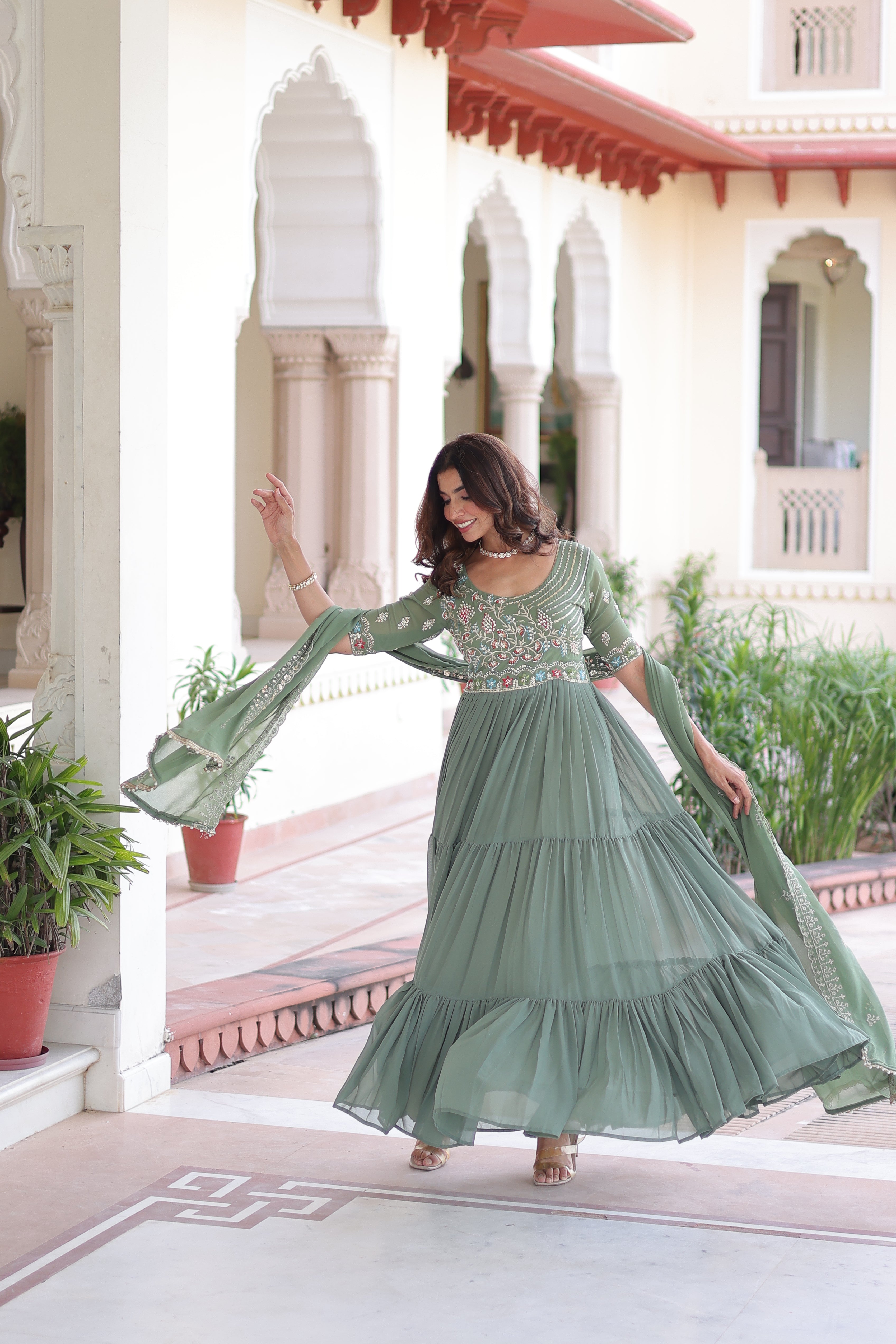 Georgette Sequins Festive Wear Gown With Dupatta