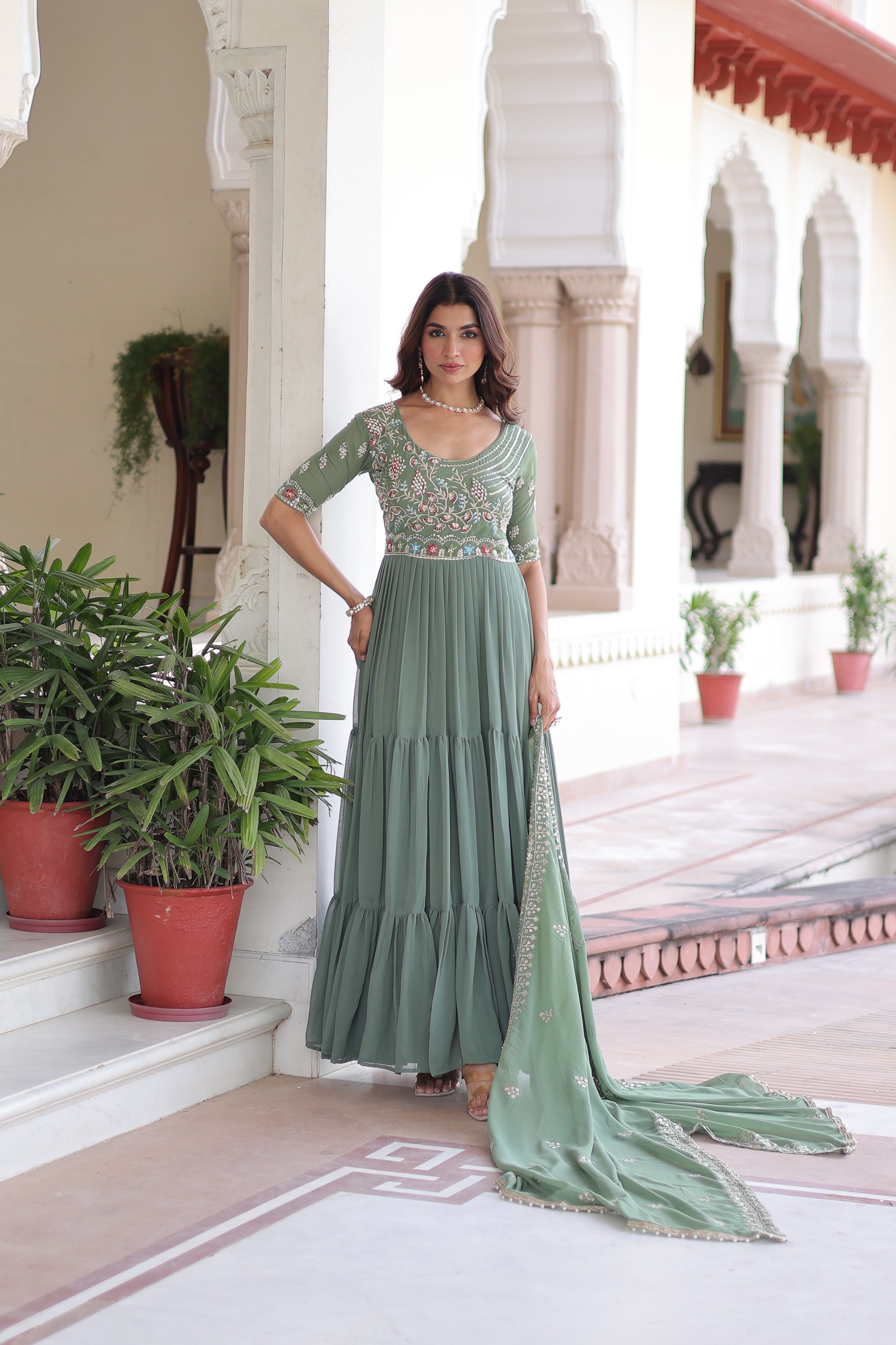 Georgette Sequins Festive Wear Gown With Dupatta