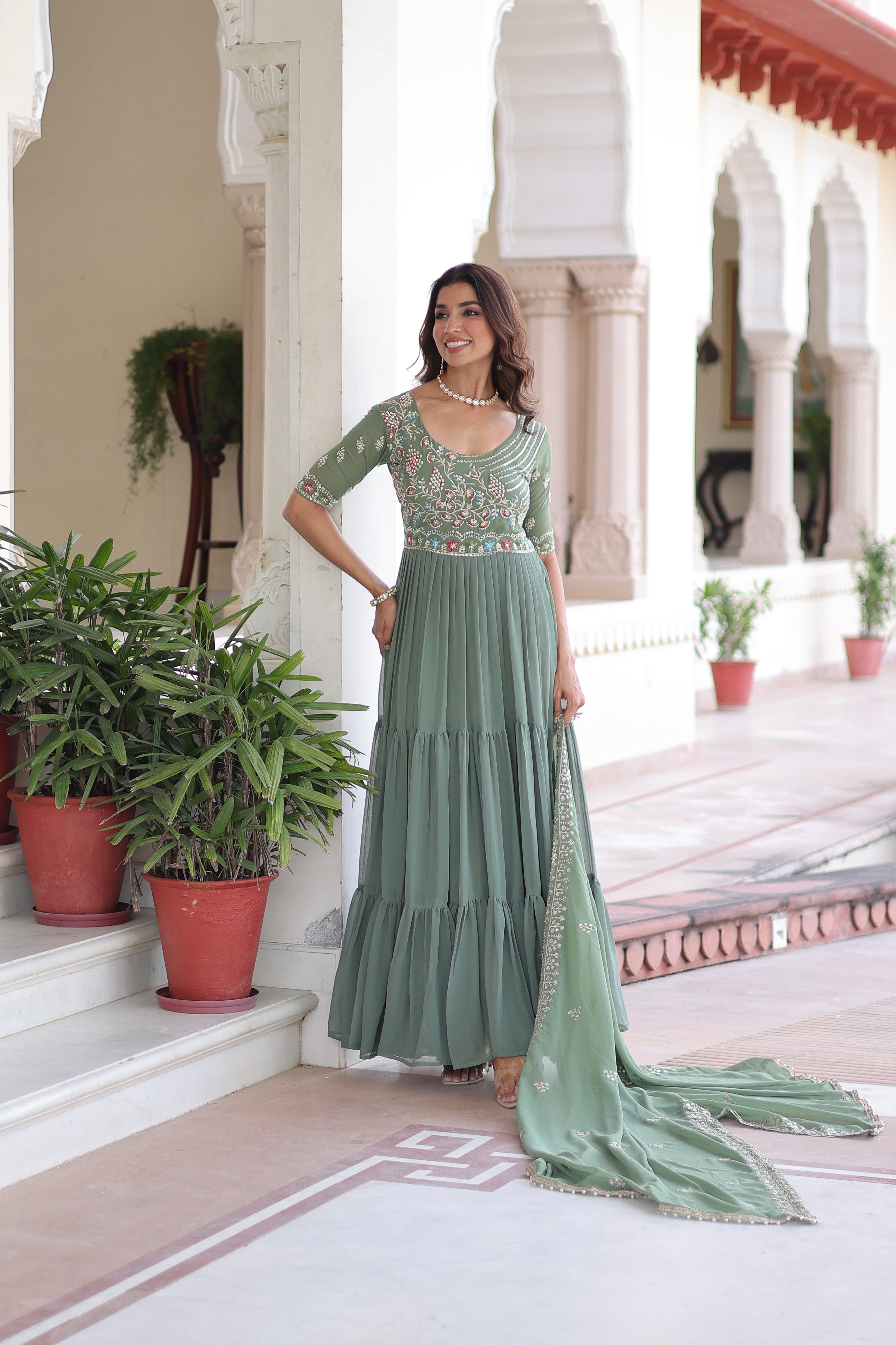 Georgette Sequins Festive Wear Gown With Dupatta