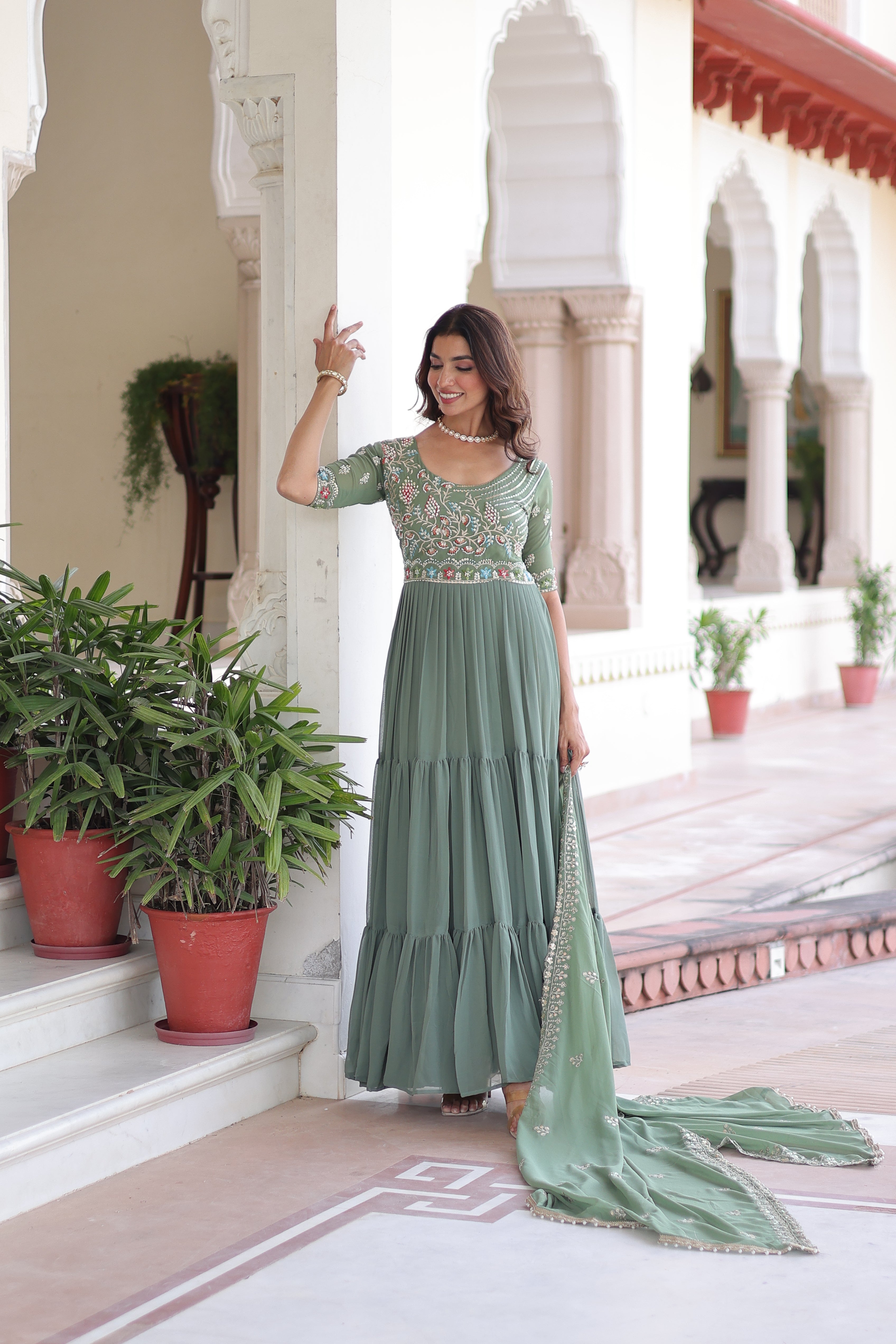 Georgette Sequins Festive Wear Gown With Dupatta