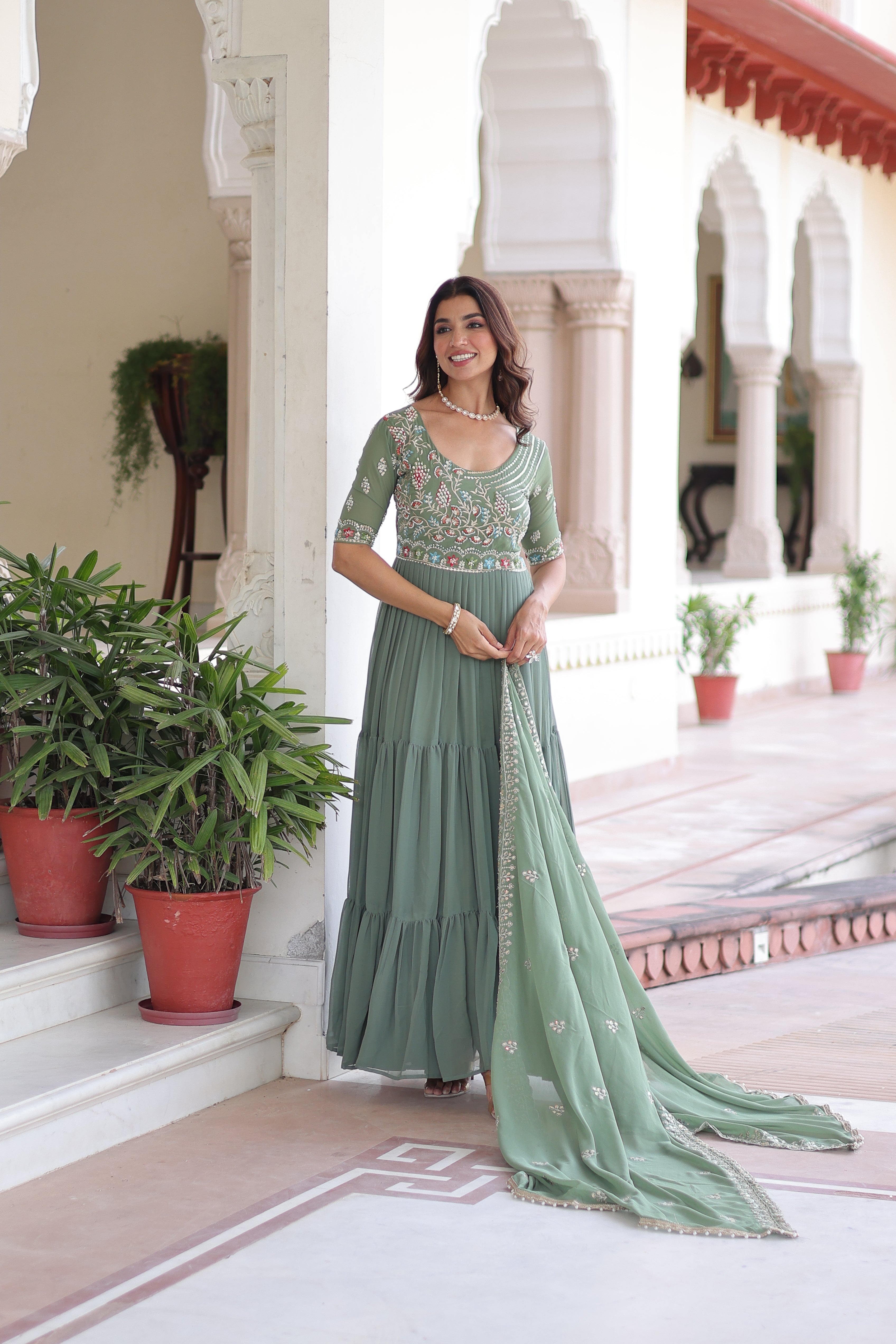 Georgette Sequins Festive Wear Gown With Dupatta