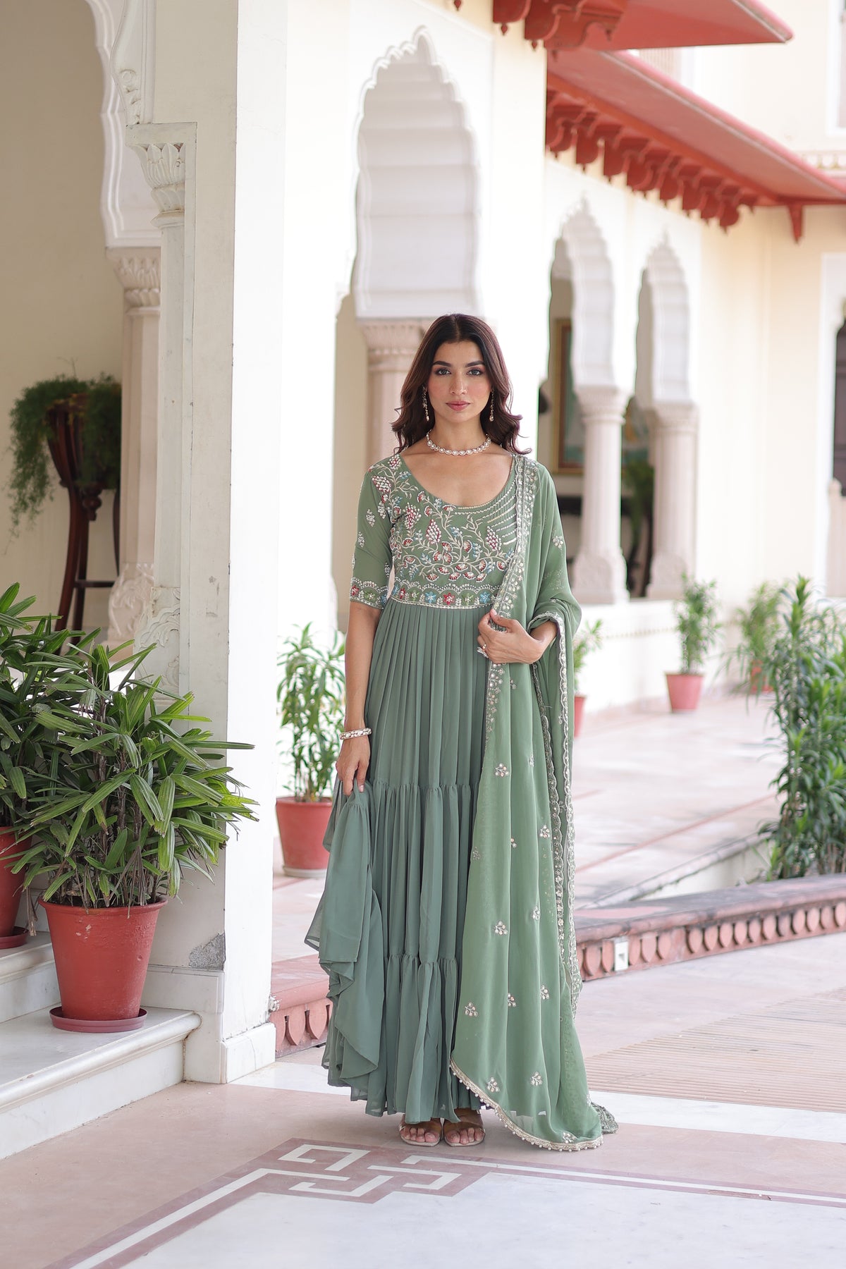 Georgette Sequins Festive Wear Gown With Dupatta