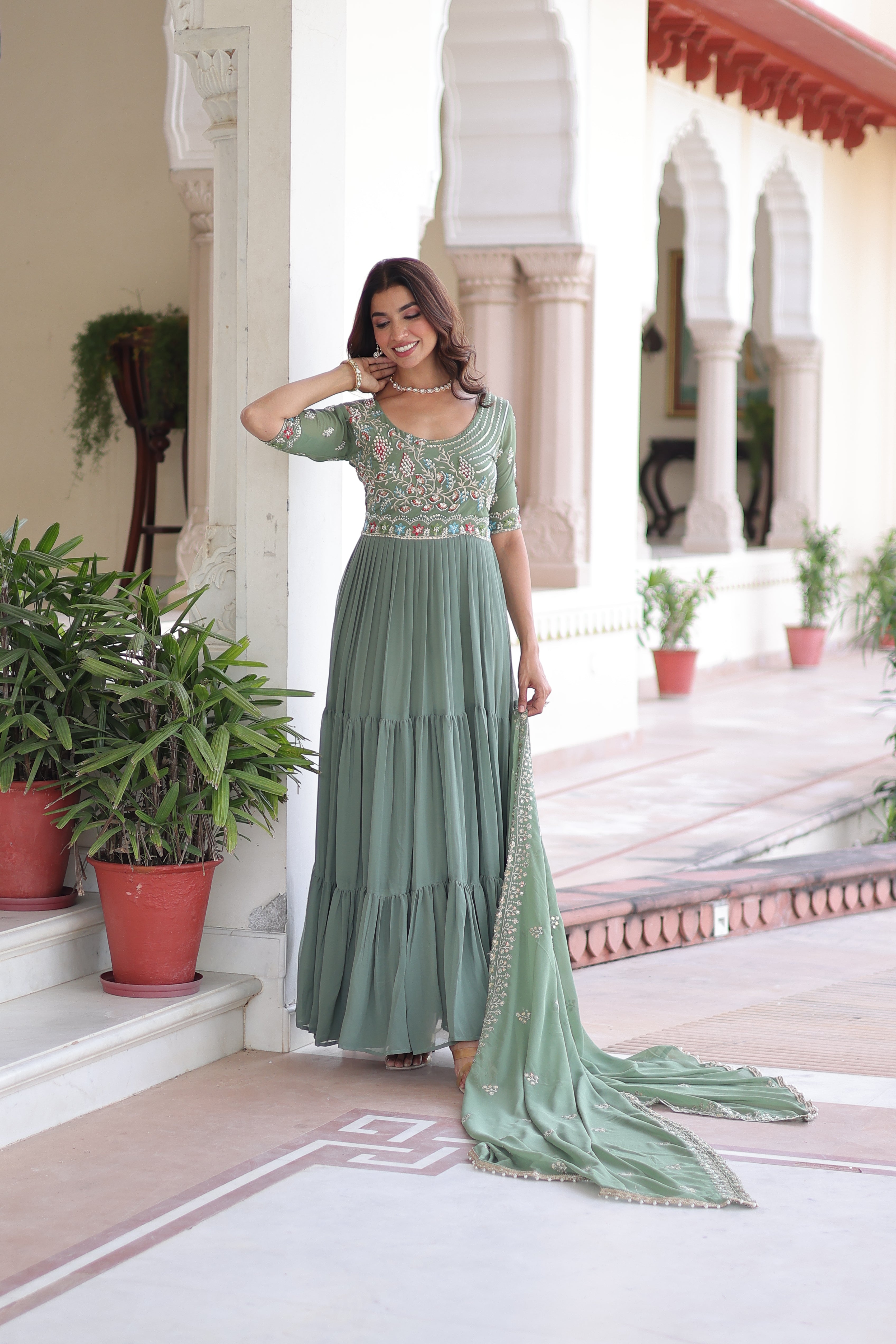 Georgette Sequins Festive Wear Gown With Dupatta