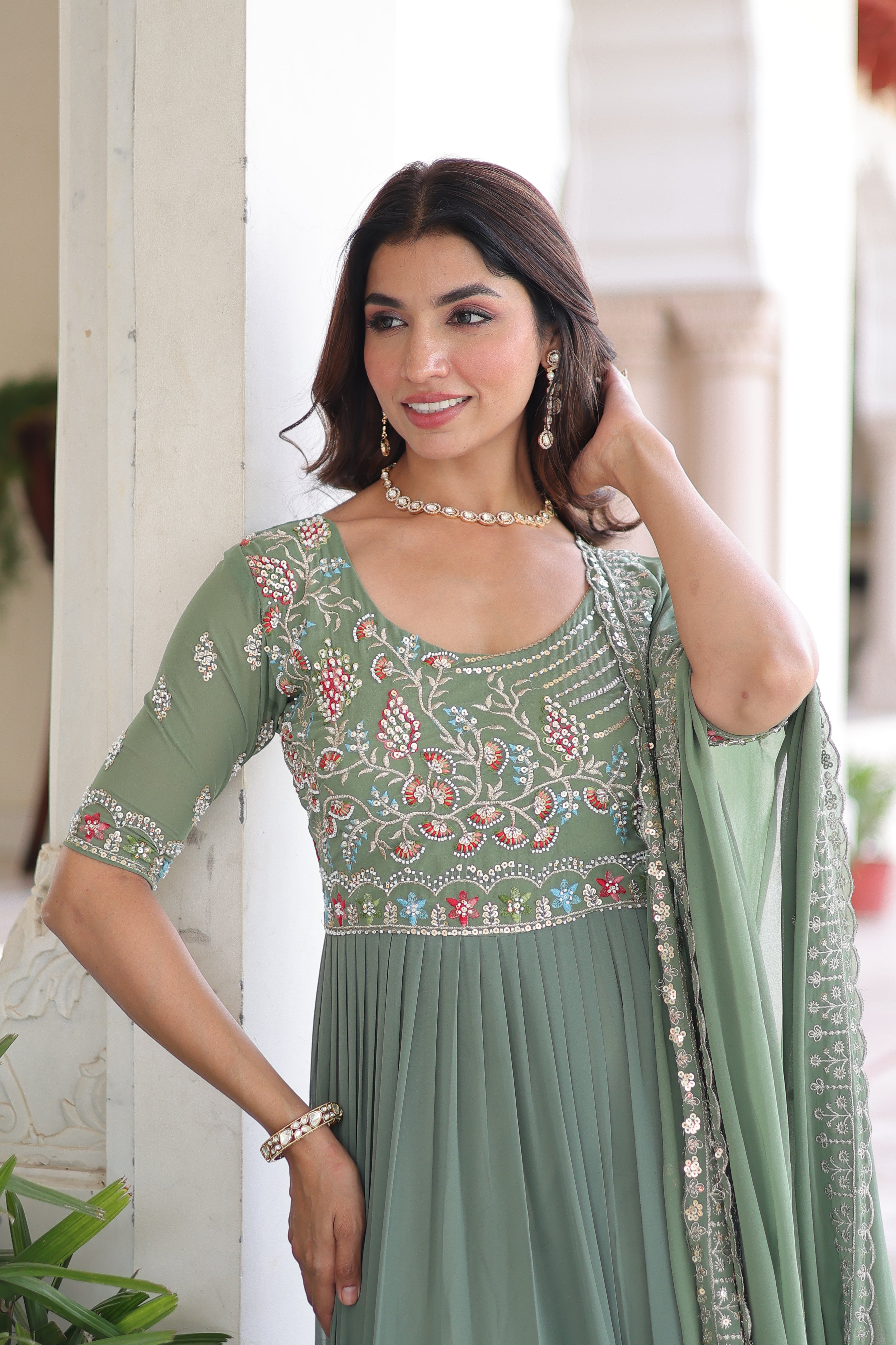 Georgette Sequins Festive Wear Gown With Dupatta