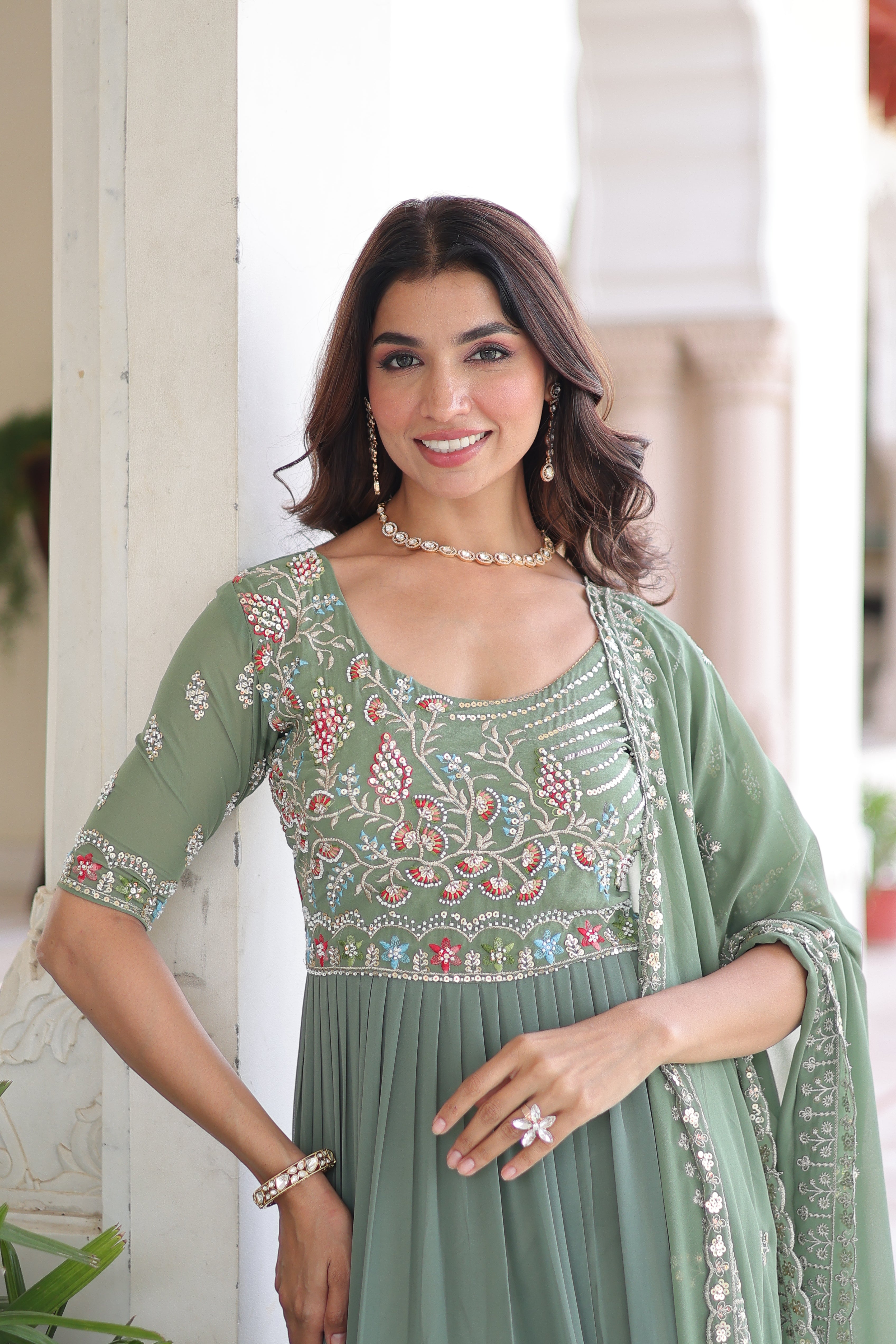 Georgette Sequins Festive Wear Gown With Dupatta