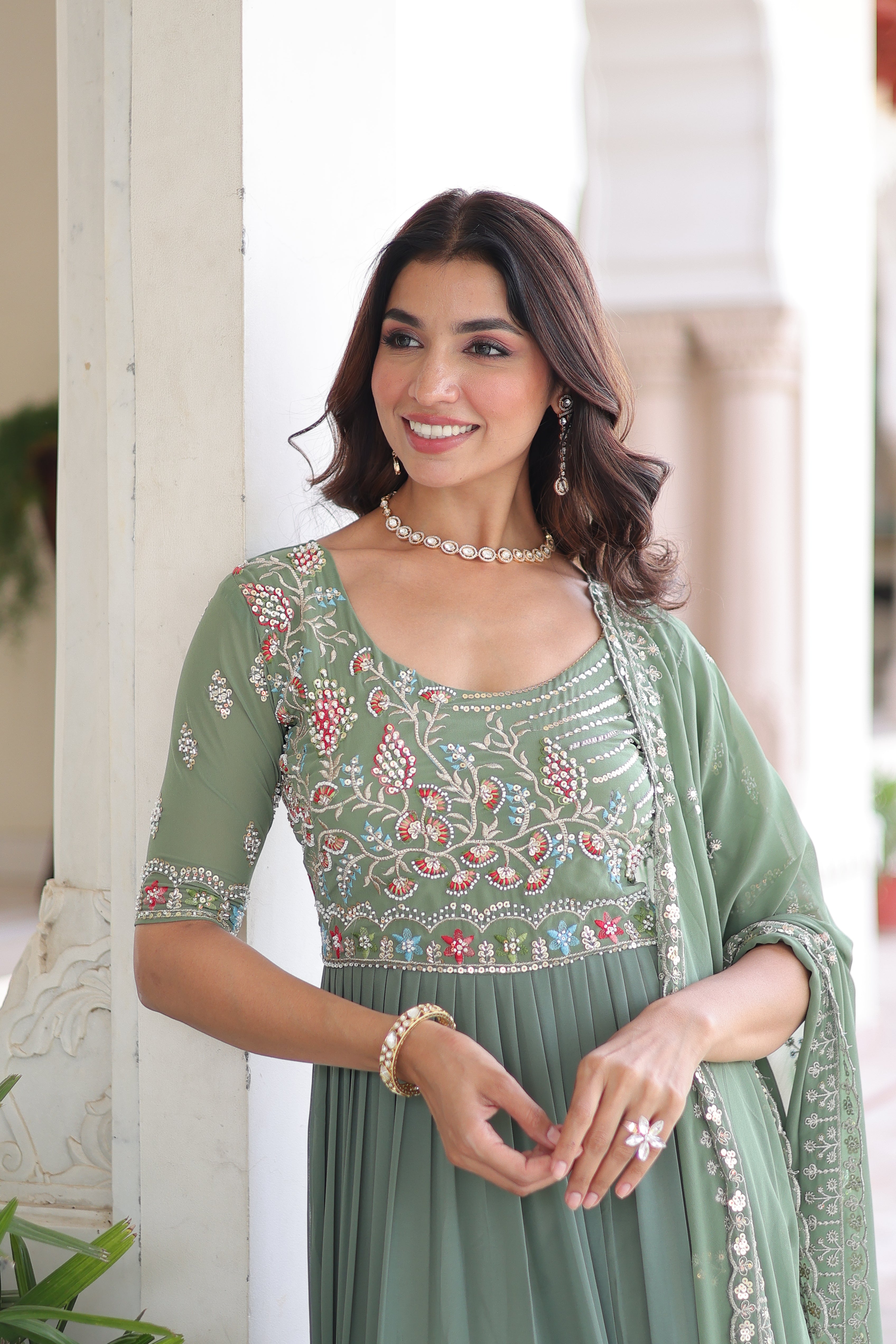 Georgette Sequins Festive Wear Gown With Dupatta
