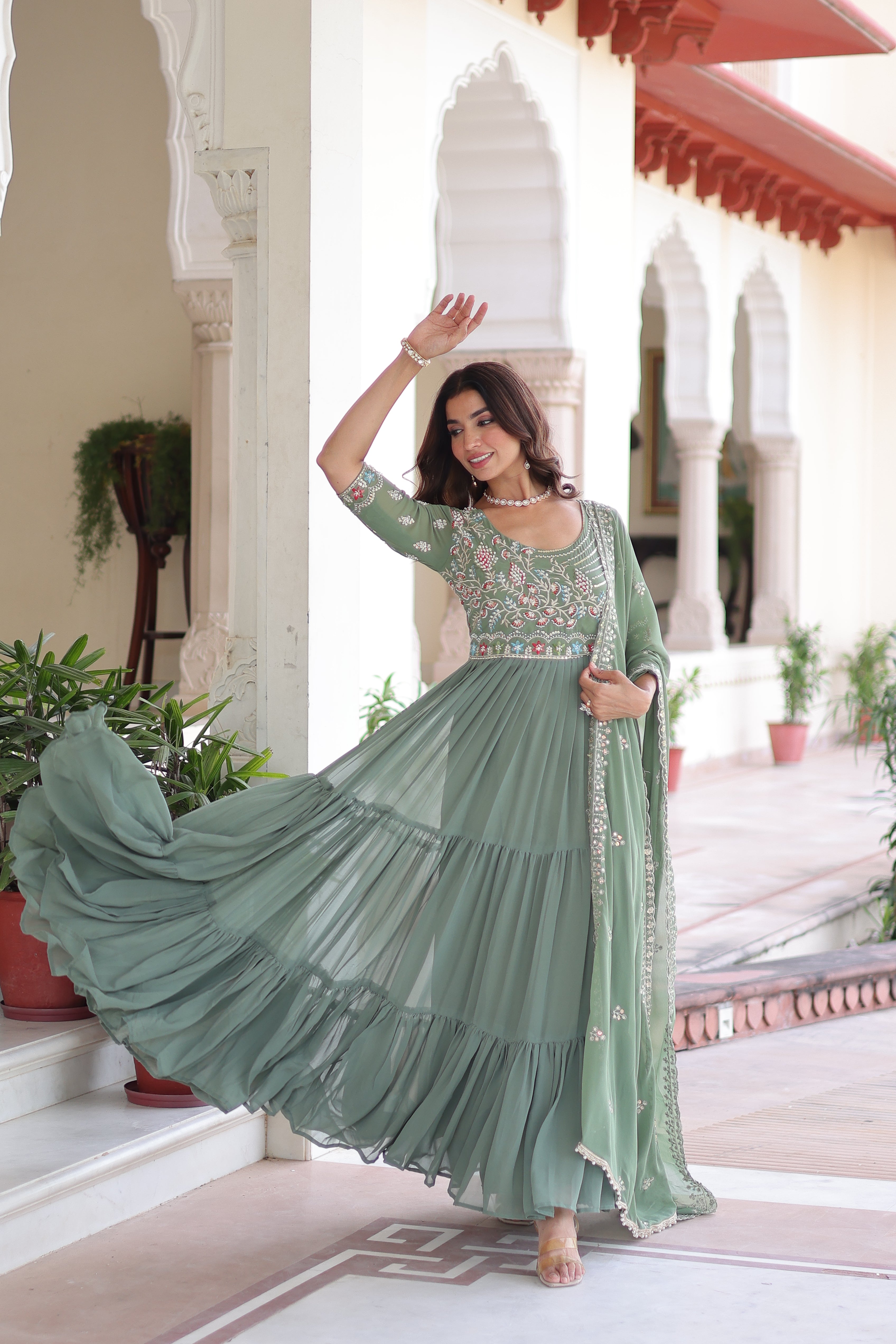 Georgette Sequins Festive Wear Gown With Dupatta
