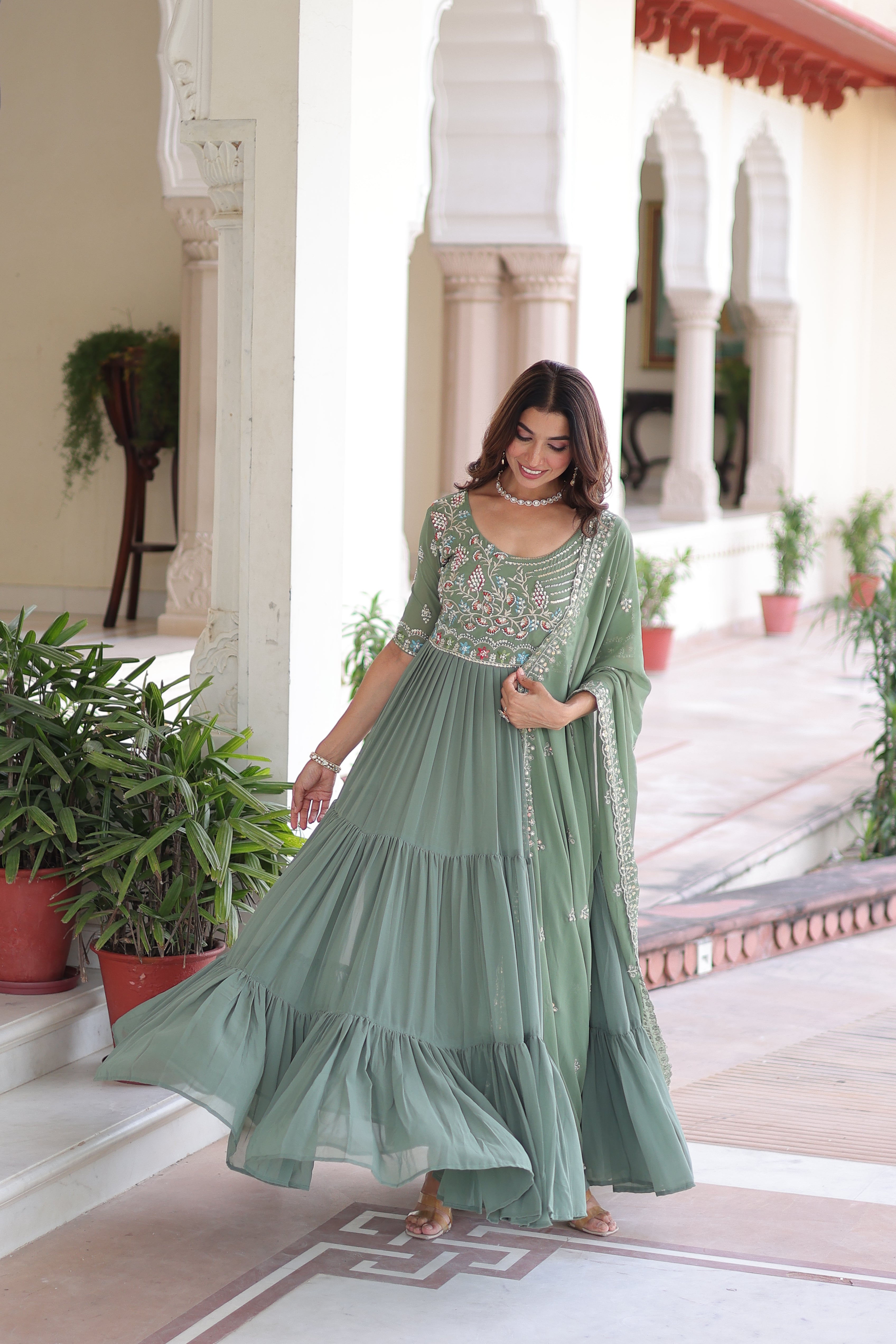 Georgette Sequins Festive Wear Gown With Dupatta