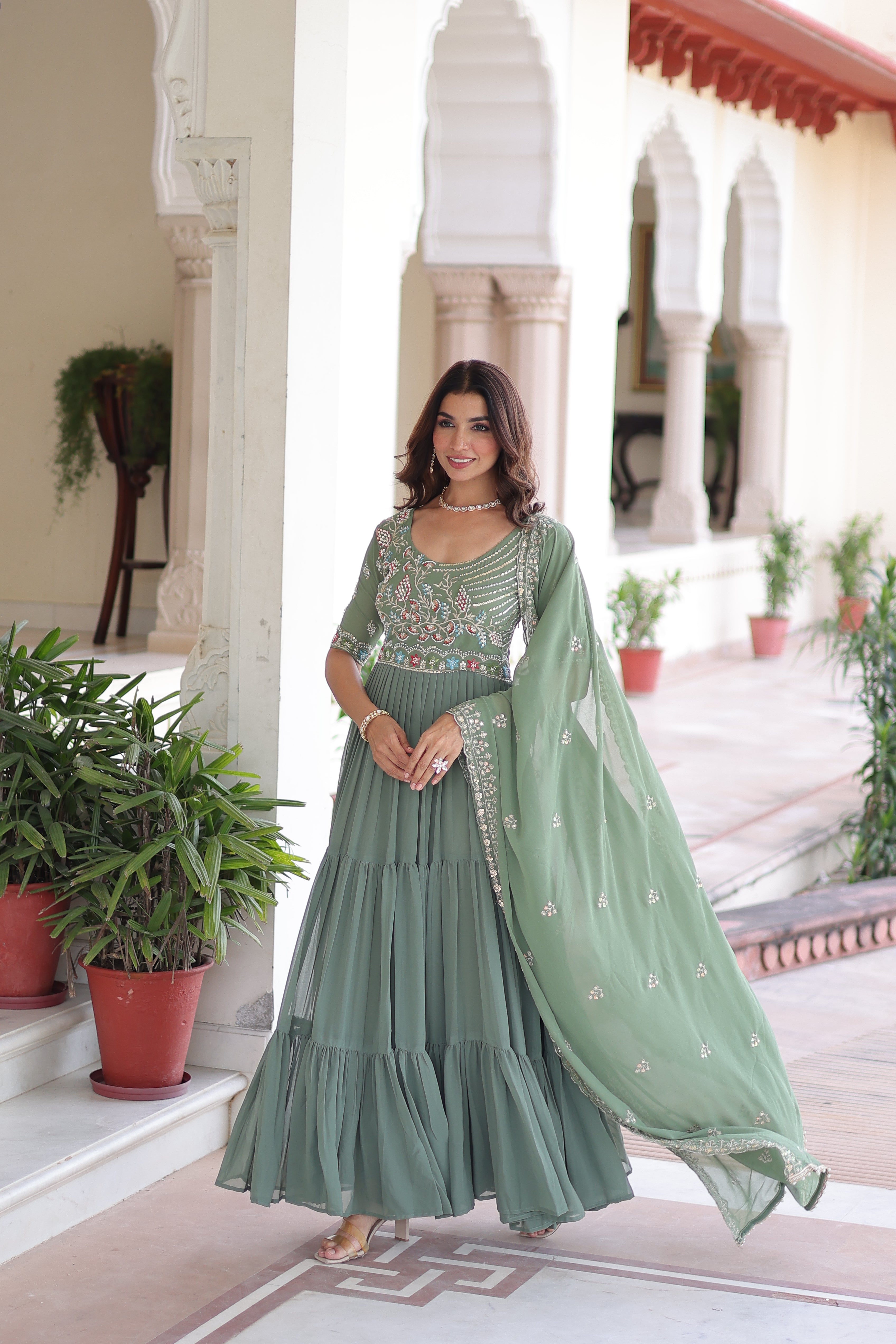 Georgette Sequins Festive Wear Gown With Dupatta