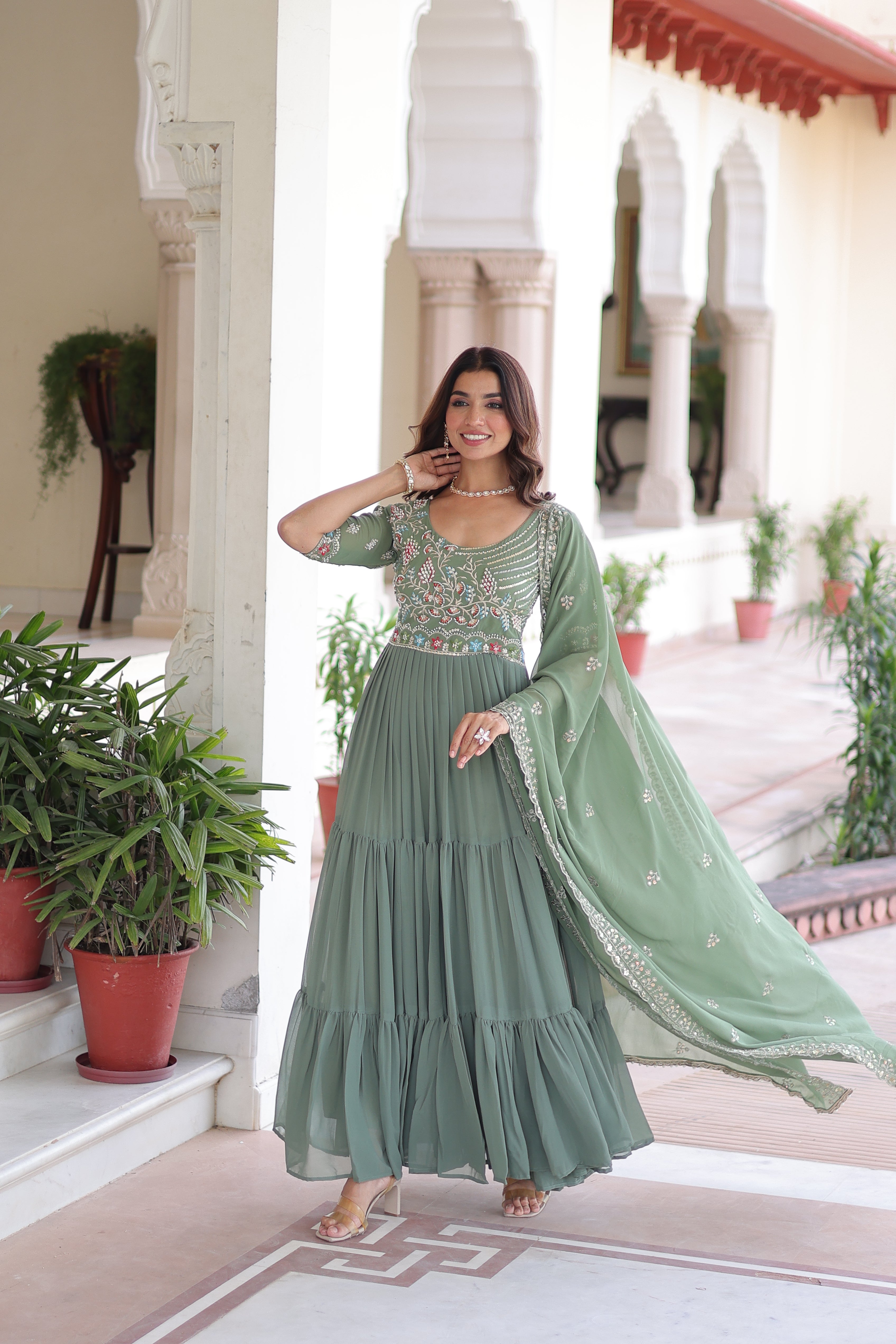 Georgette Sequins Festive Wear Gown With Dupatta