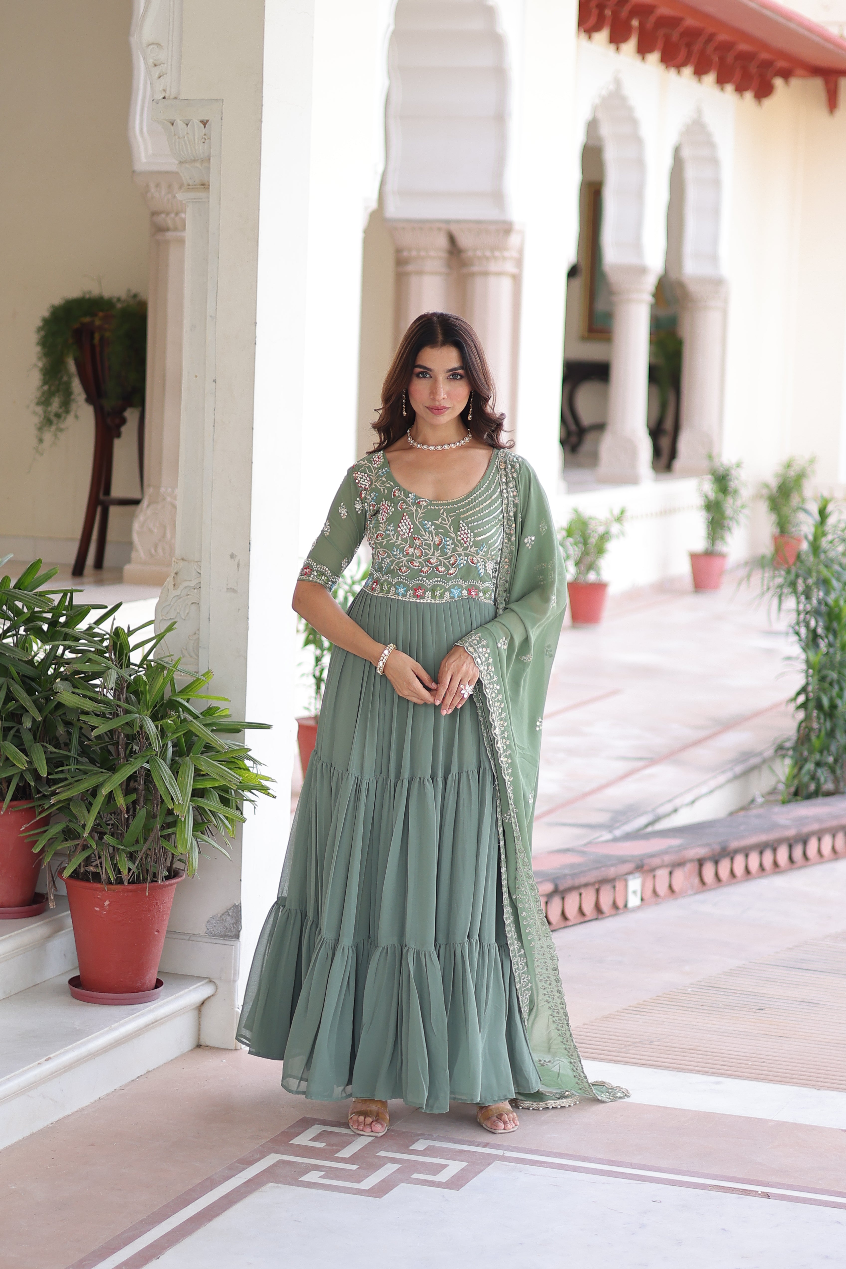 Georgette Sequins Festive Wear Gown With Dupatta