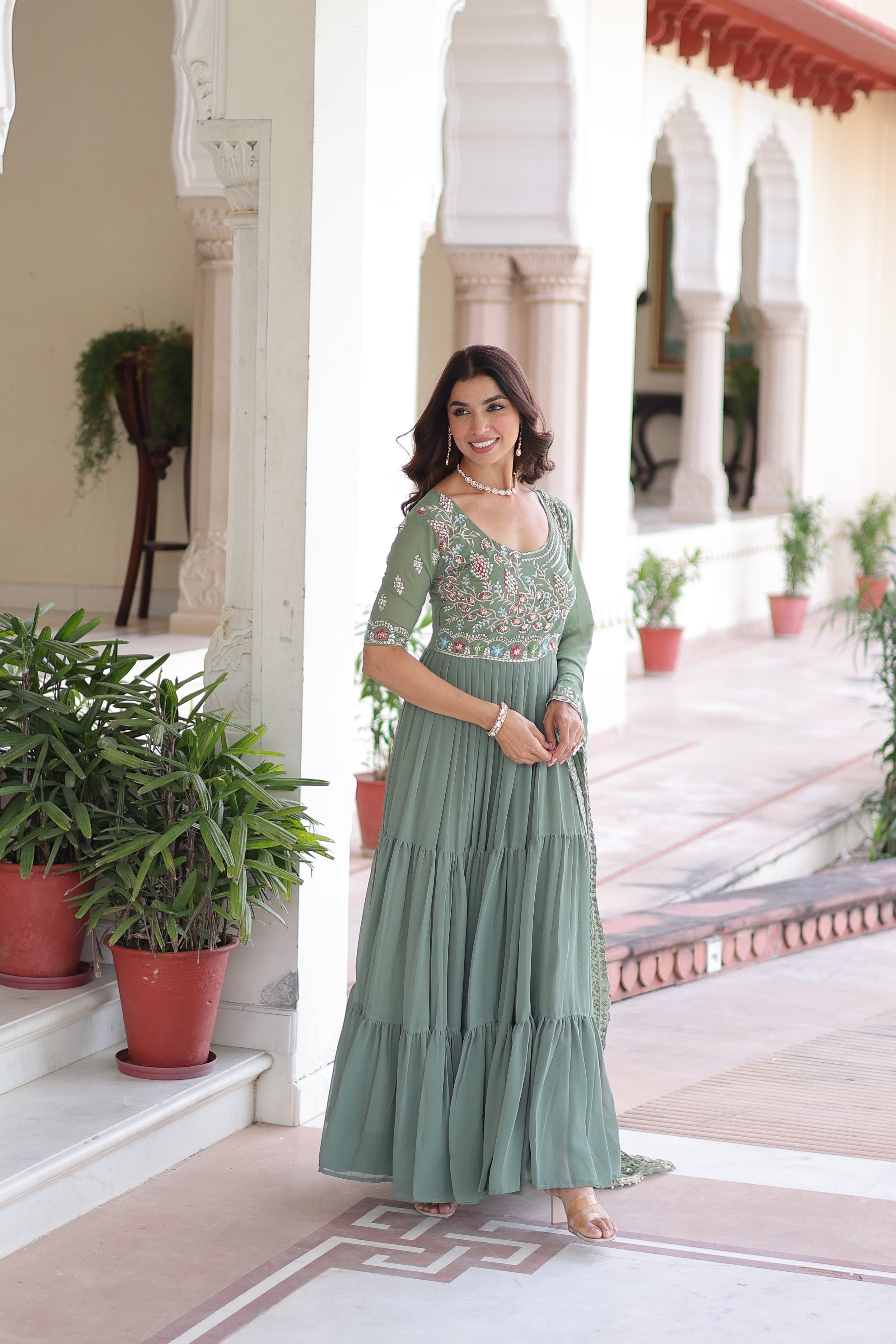 Georgette Sequins Festive Wear Gown With Dupatta