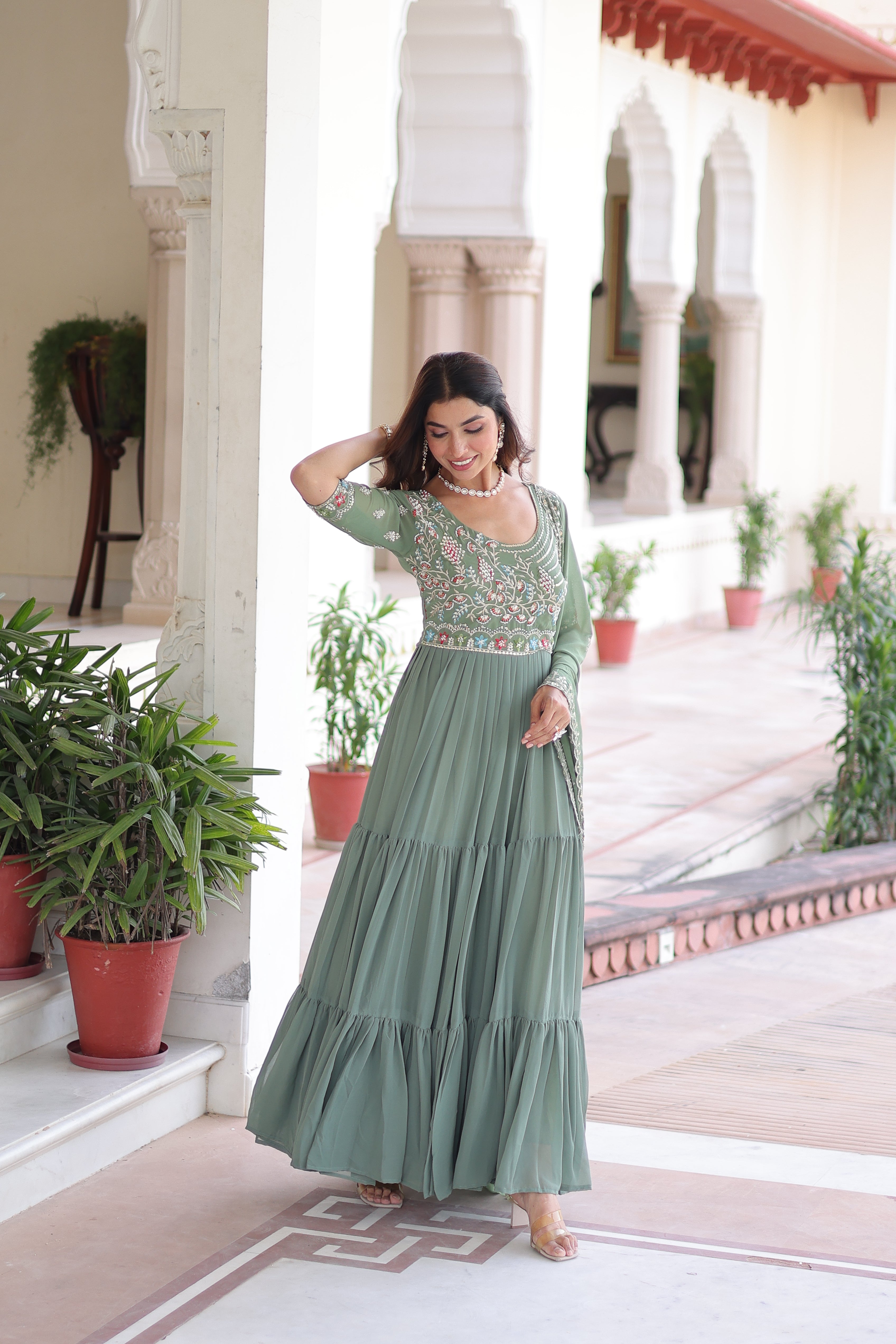 Georgette Sequins Festive Wear Gown With Dupatta