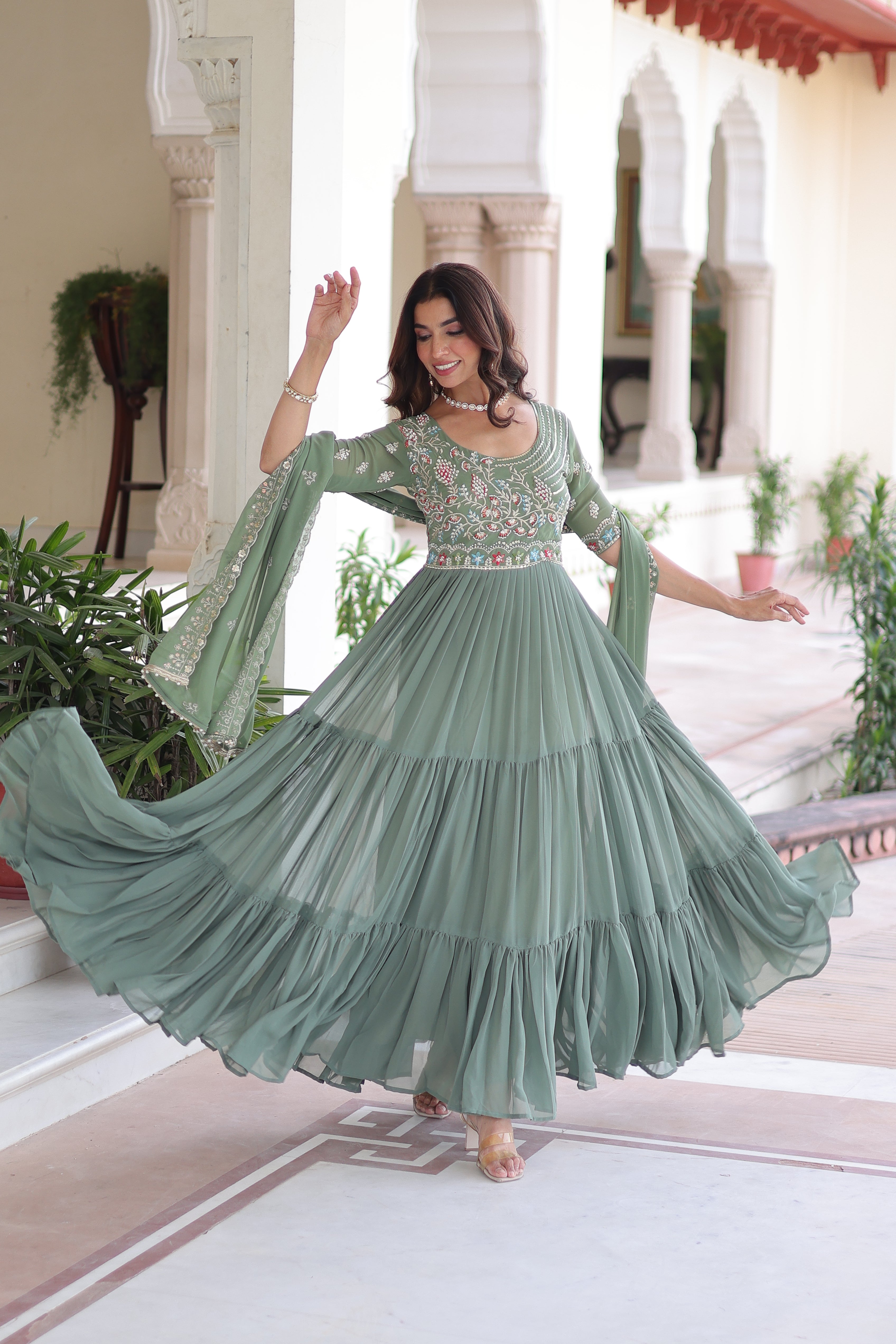 Georgette Sequins Festive Wear Gown With Dupatta