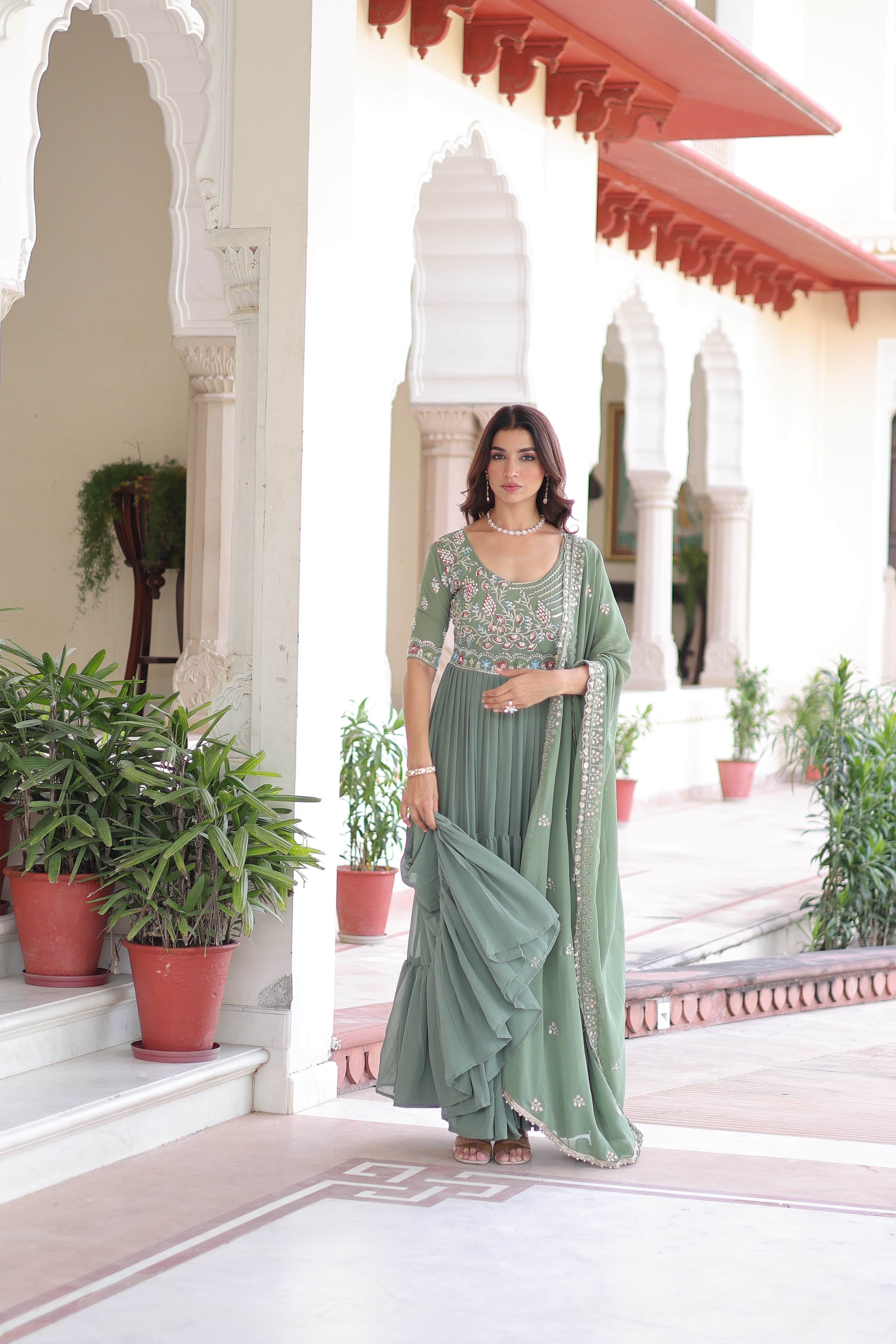 Georgette Sequins Festive Wear Gown With Dupatta