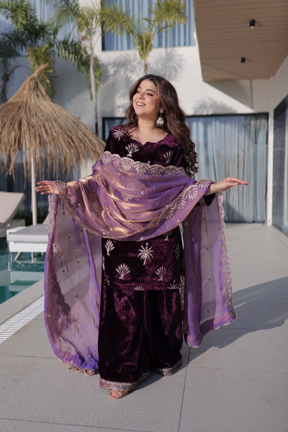 Wine Velvet Zari Embroidered Wedding Palazzo Suit for Women