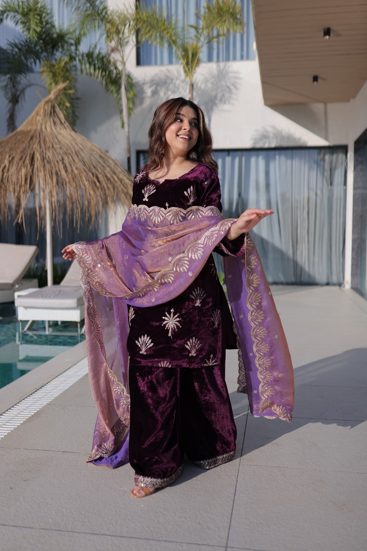 Wine Velvet Zari Embroidered Wedding Palazzo Suit for Women
