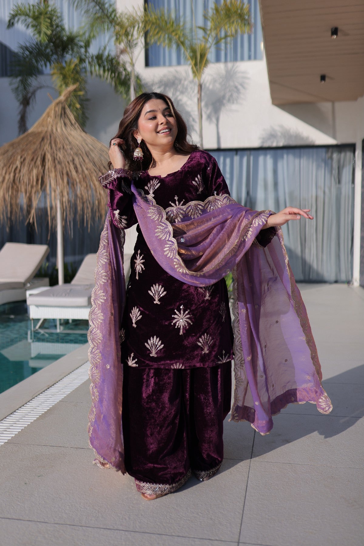 Wine Velvet Zari Embroidered Wedding Palazzo Suit for Women