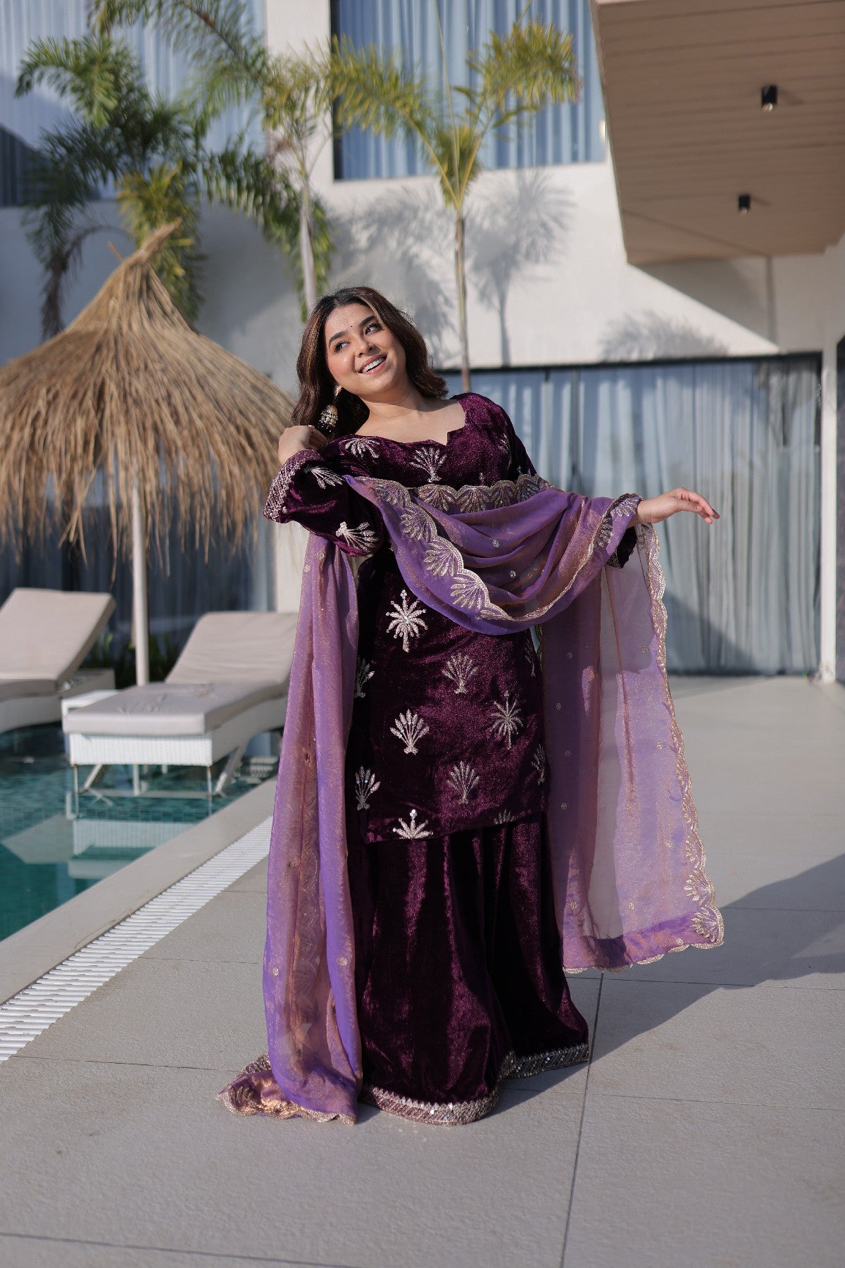 Wine Velvet Zari Embroidered Wedding Palazzo Suit for Women