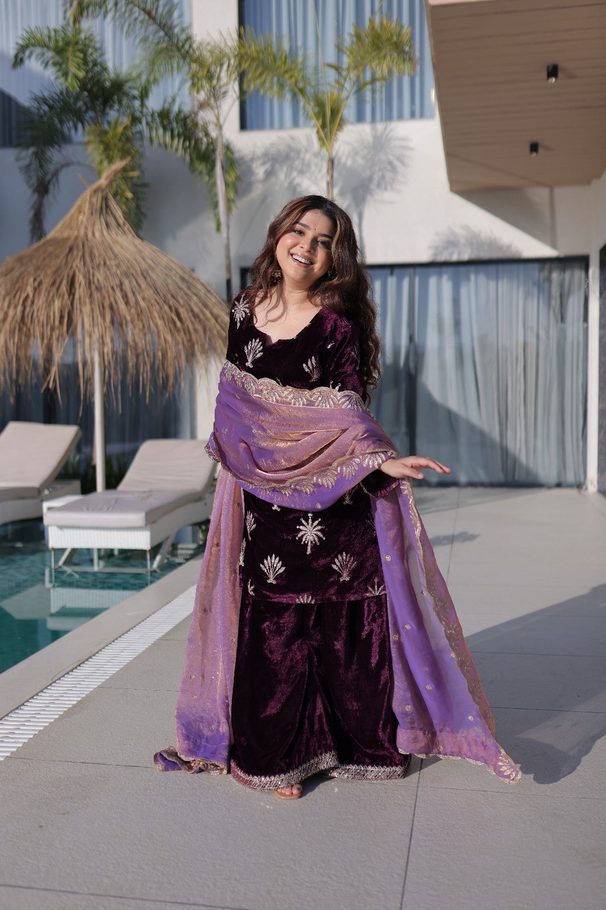 Wine Velvet Zari Embroidered Wedding Palazzo Suit for Women