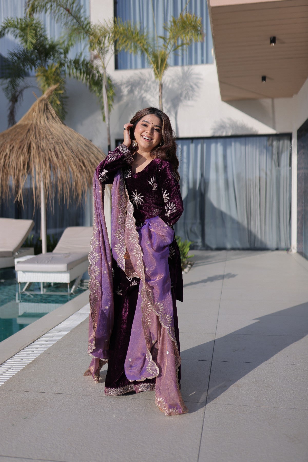 Wine Velvet Zari Embroidered Wedding Palazzo Suit for Women
