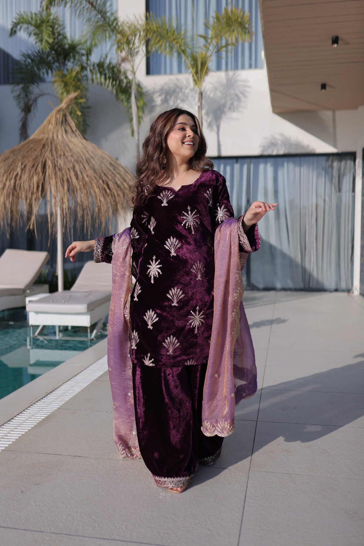 Wine Velvet Zari Embroidered Wedding Palazzo Suit for Women