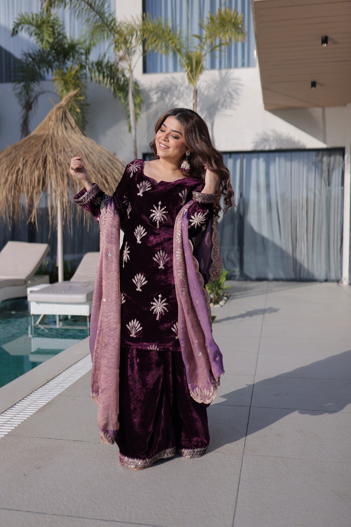 Wine Velvet Zari Embroidered Wedding Palazzo Suit for Women