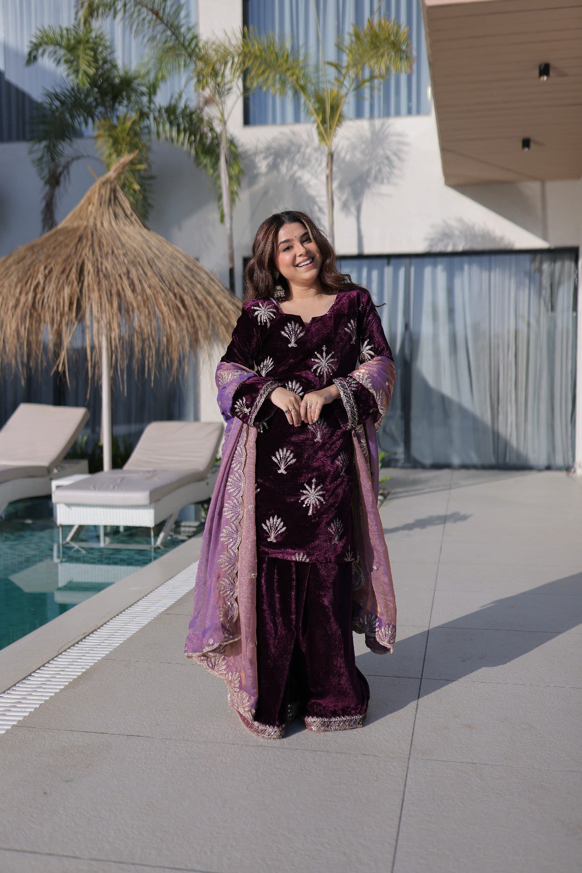 Wine Velvet Zari Embroidered Wedding Palazzo Suit for Women