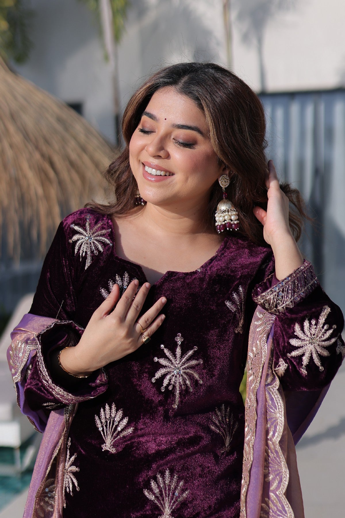 Wine Velvet Zari Embroidered Wedding Palazzo Suit for Women