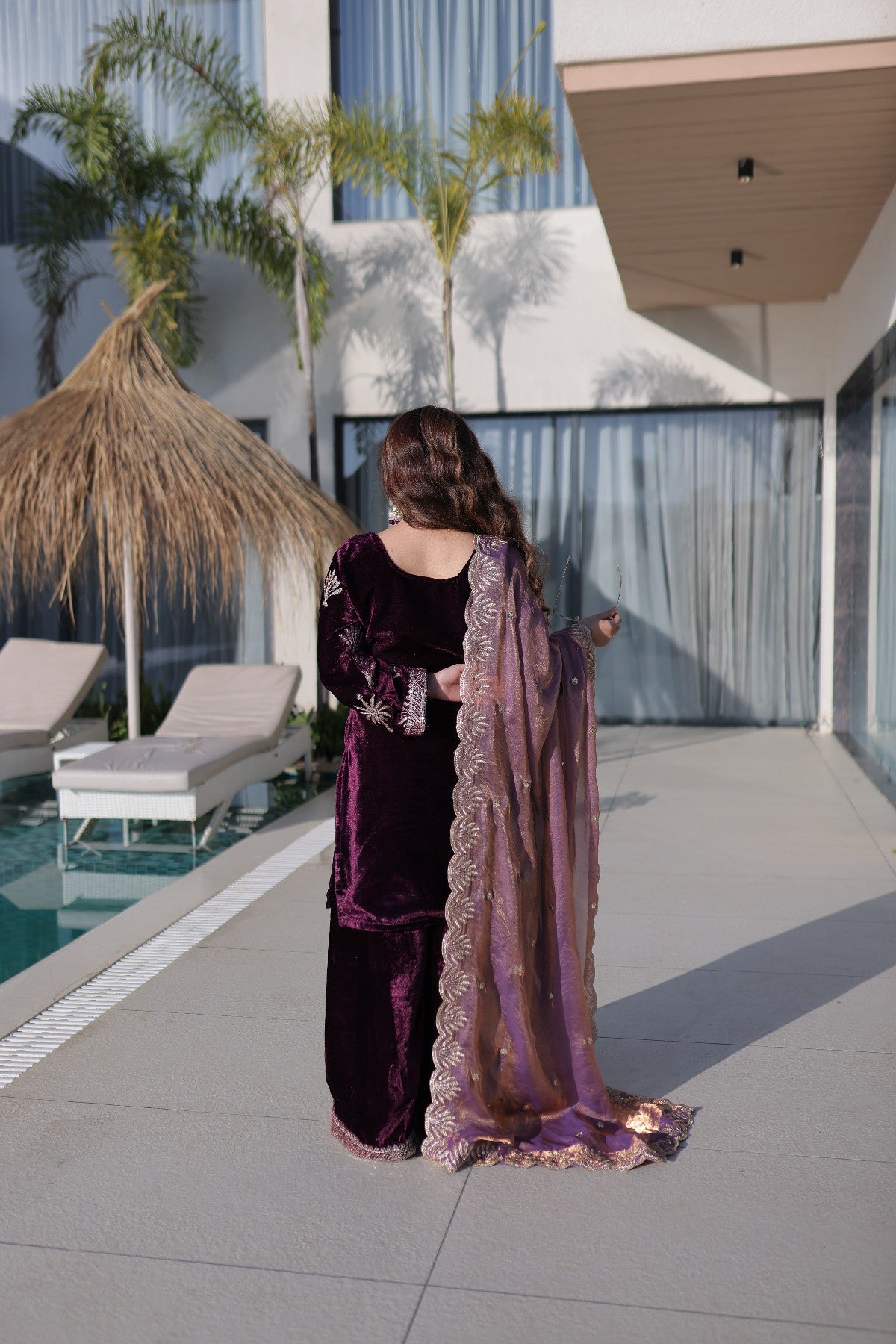 Wine Velvet Zari Embroidered Wedding Palazzo Suit for Women