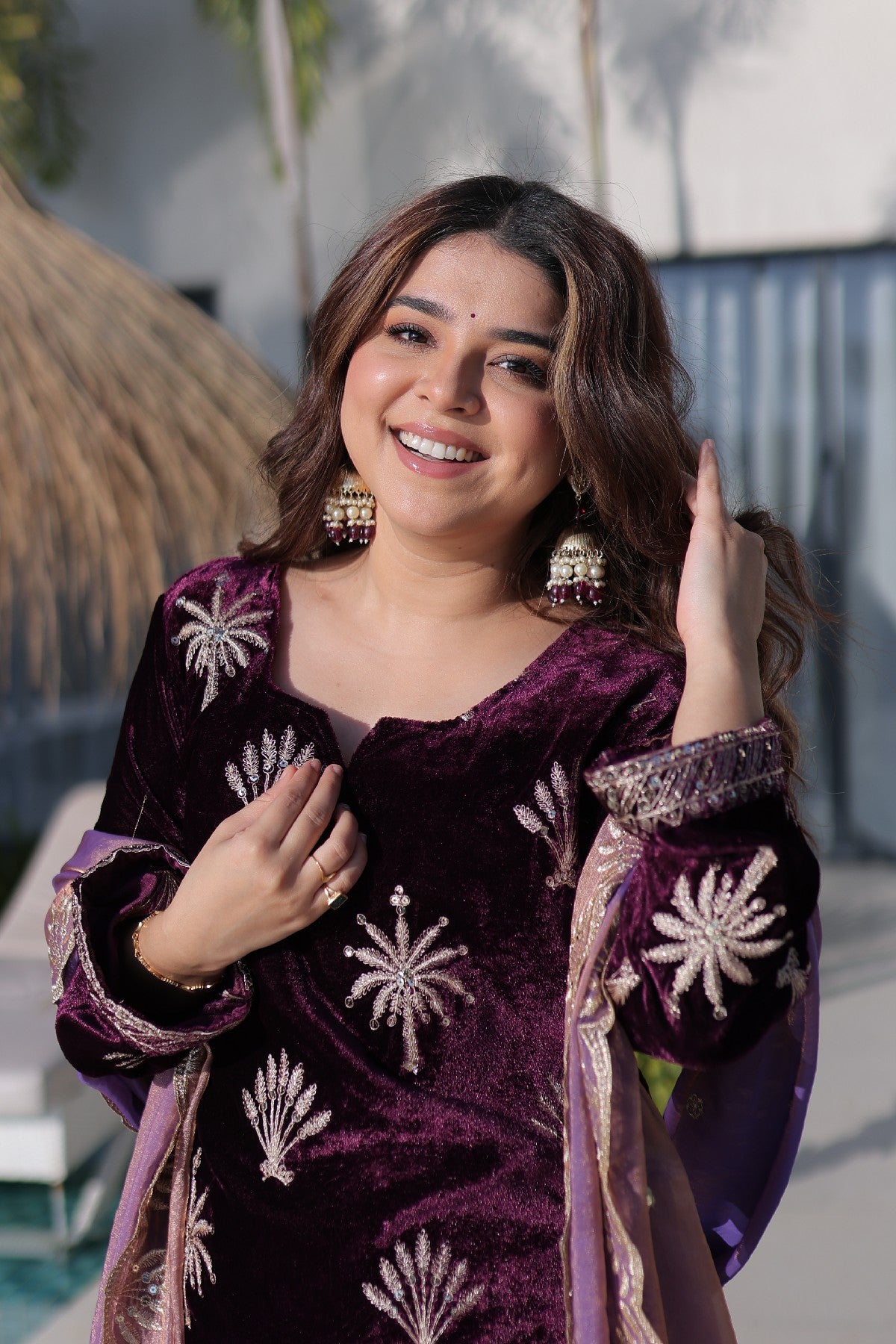 Wine Velvet Zari Embroidered Wedding Palazzo Suit for Women