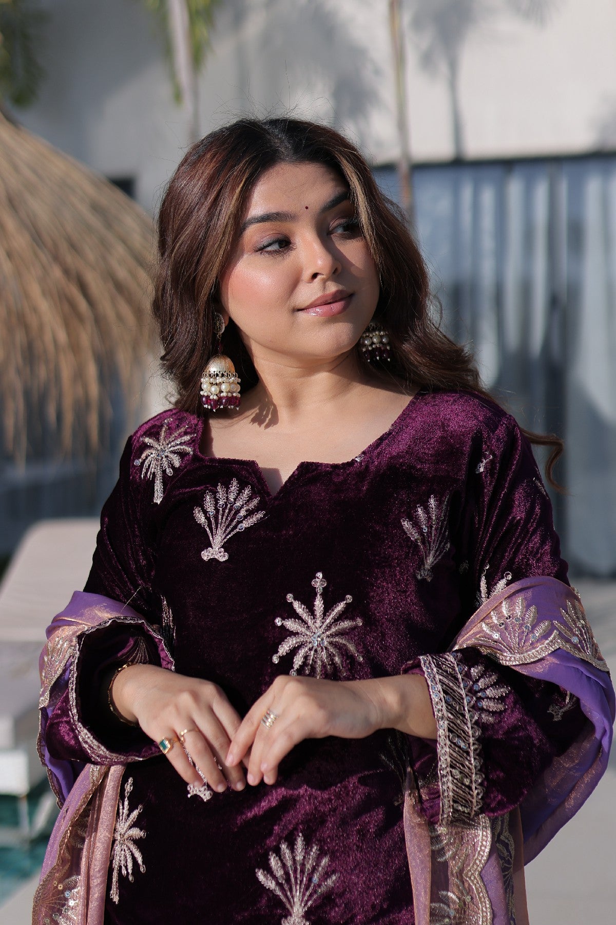 Wine Velvet Zari Embroidered Wedding Palazzo Suit for Women