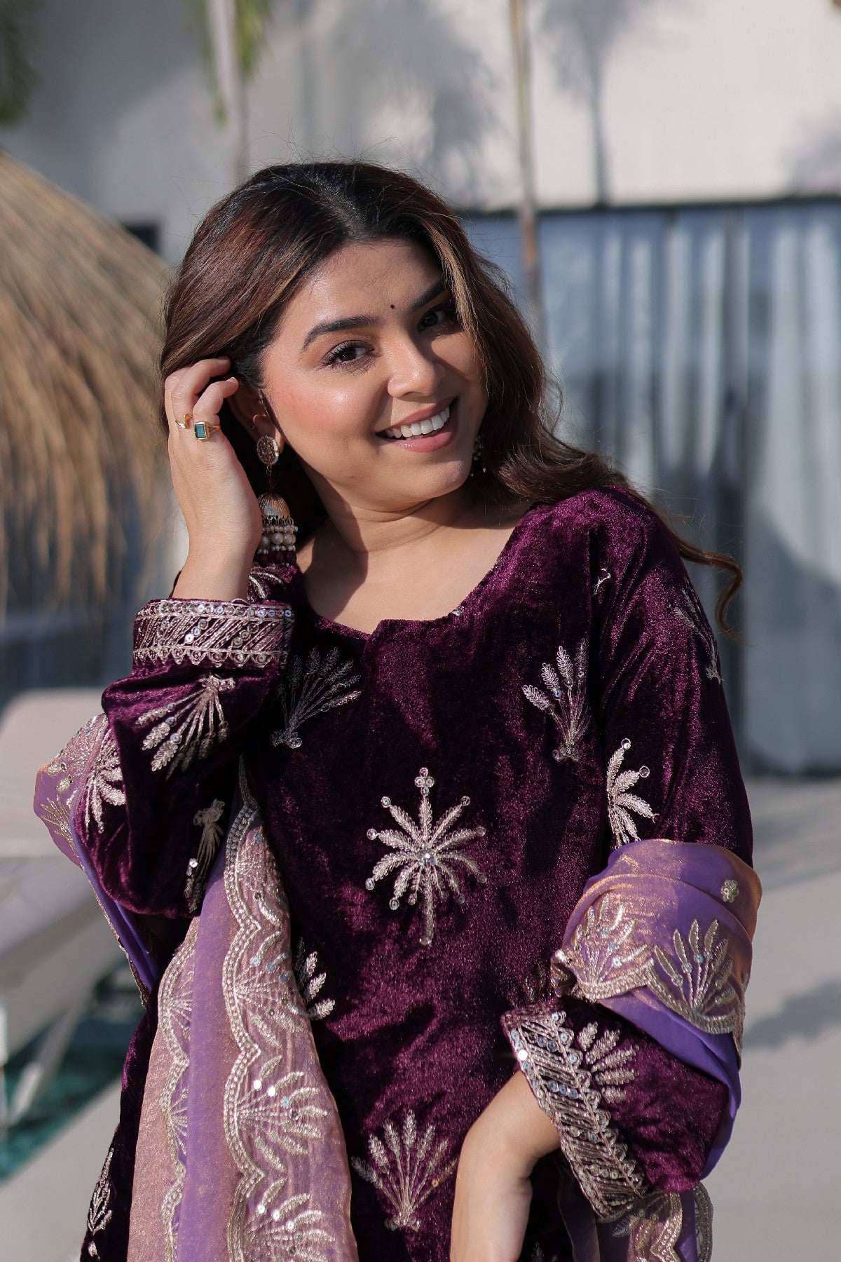 Wine Velvet Zari Embroidered Wedding Palazzo Suit for Women