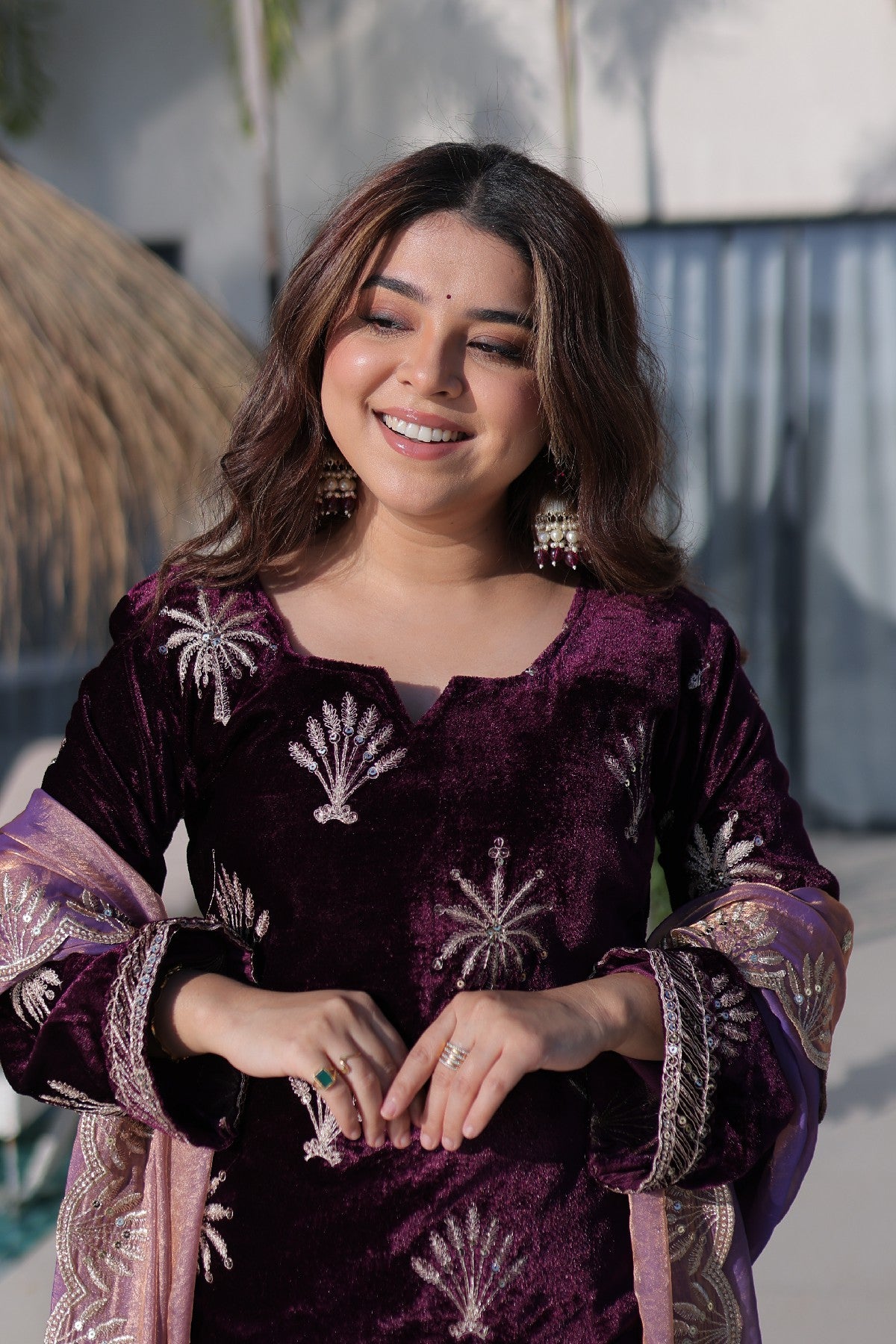 Wine Velvet Zari Embroidered Wedding Palazzo Suit for Women