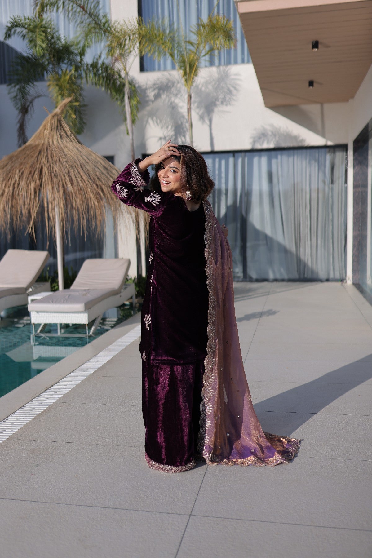 Wine Velvet Zari Embroidered Wedding Palazzo Suit for Women