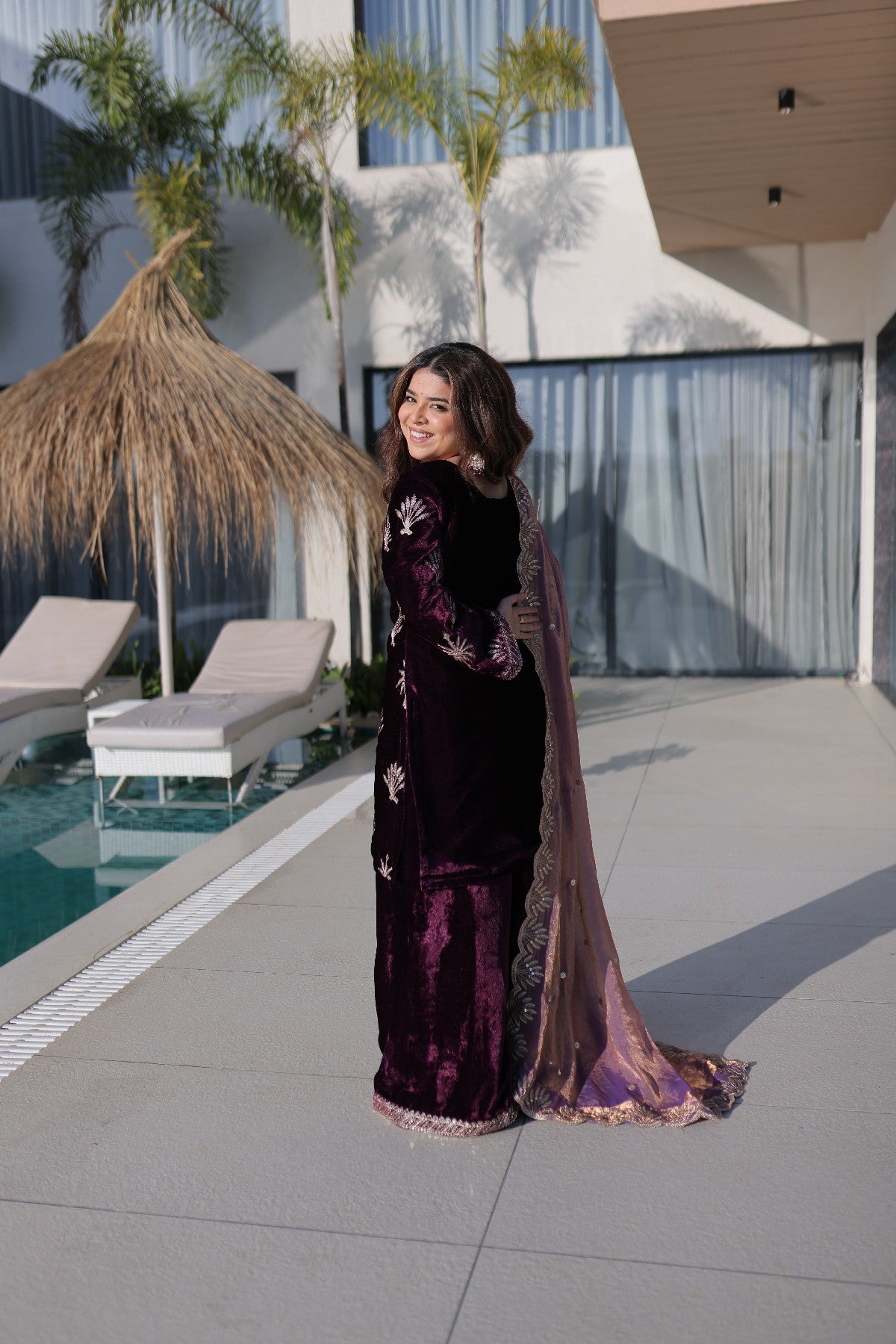 Wine Velvet Zari Embroidered Wedding Palazzo Suit for Women