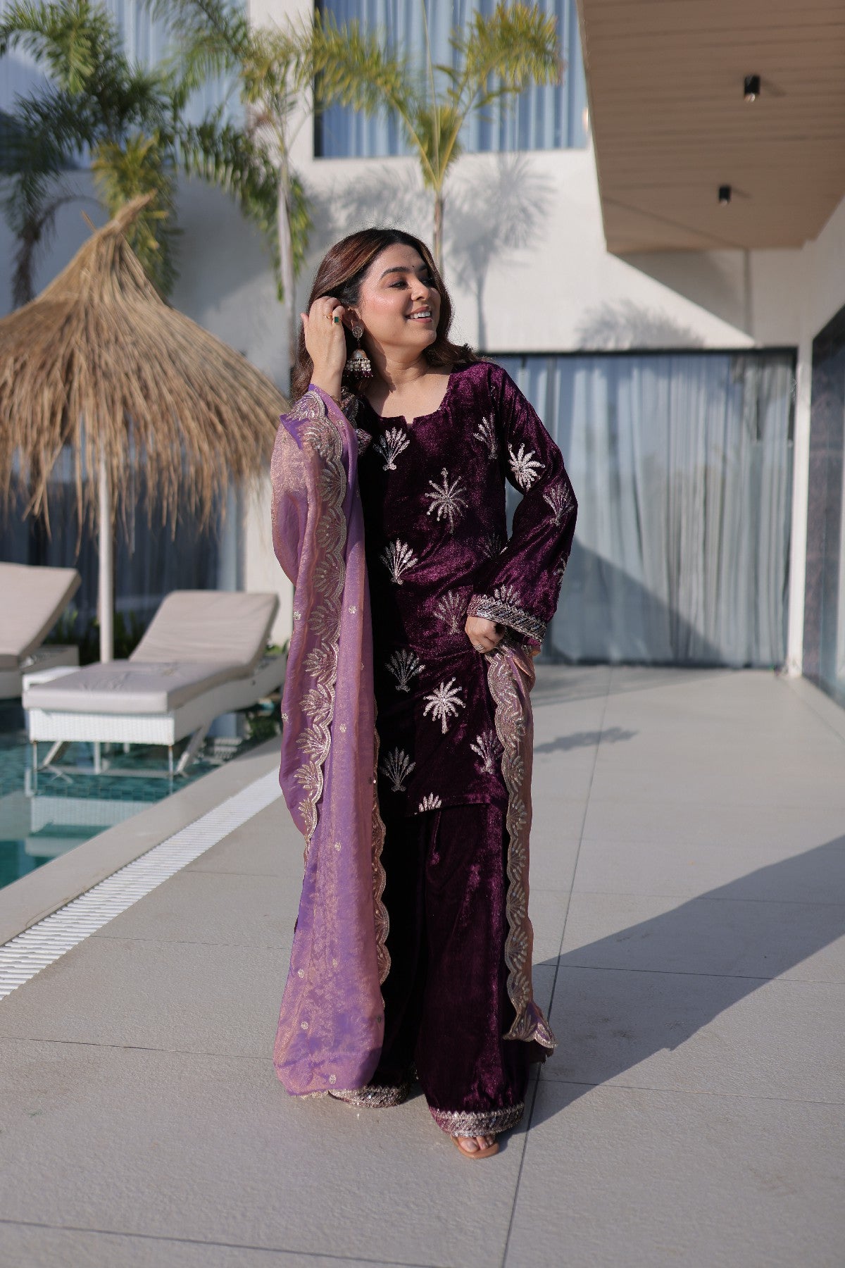 Wine Velvet Zari Embroidered Wedding Palazzo Suit for Women