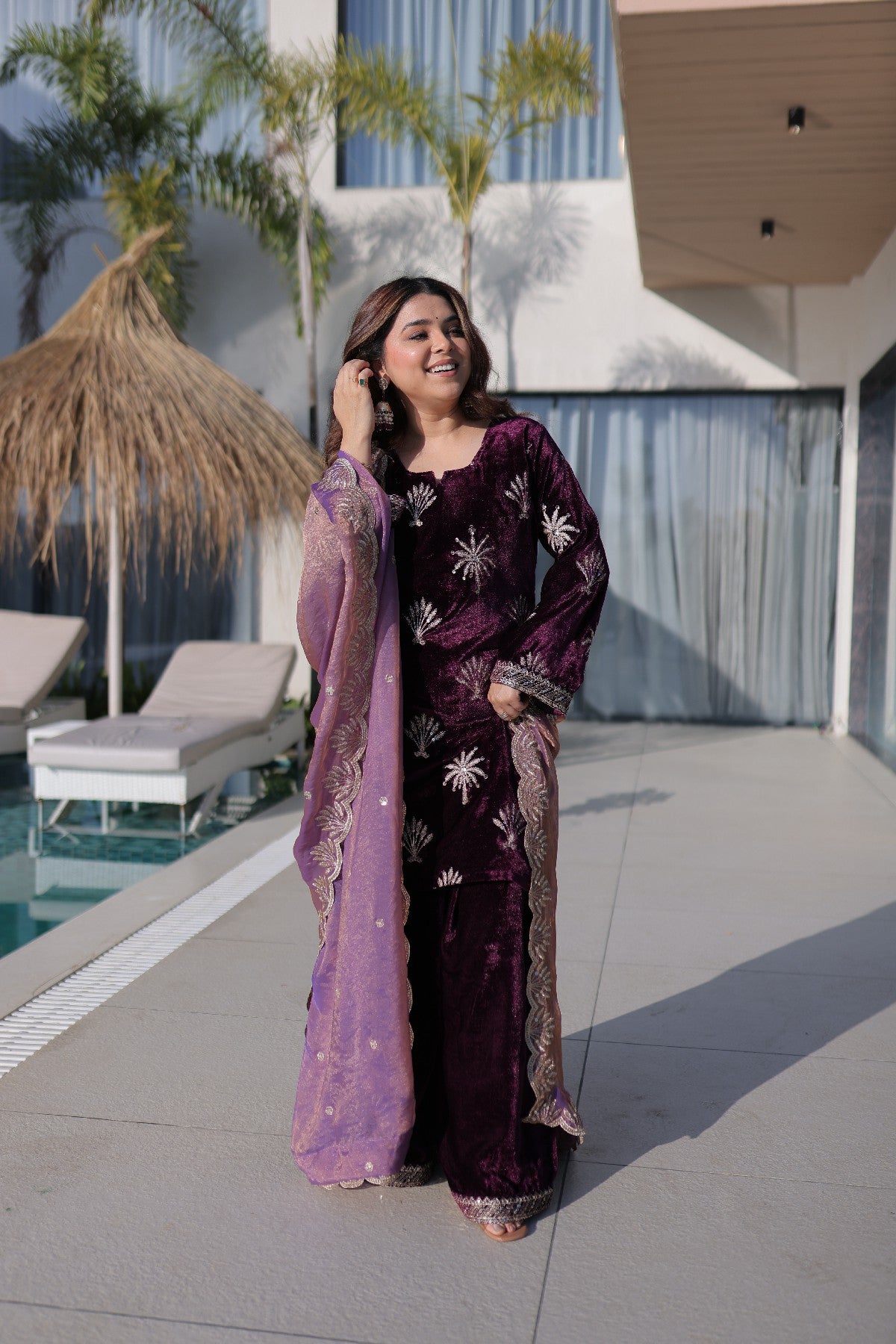 Wine Velvet Zari Embroidered Wedding Palazzo Suit for Women