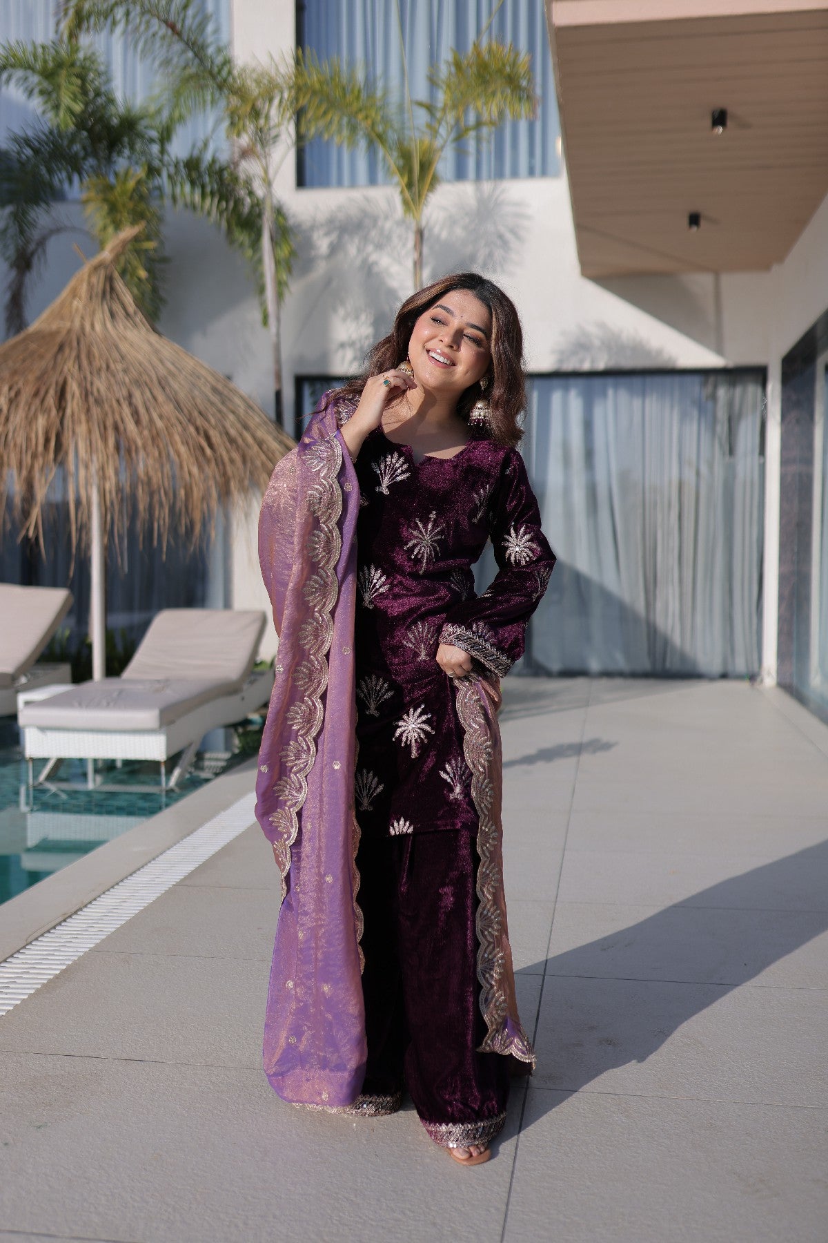 Wine Velvet Zari Embroidered Wedding Palazzo Suit for Women
