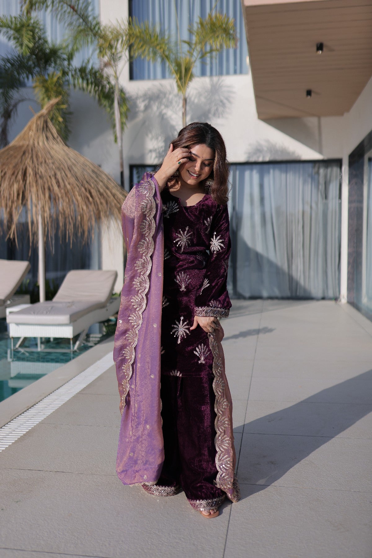 Wine Velvet Zari Embroidered Wedding Palazzo Suit for Women