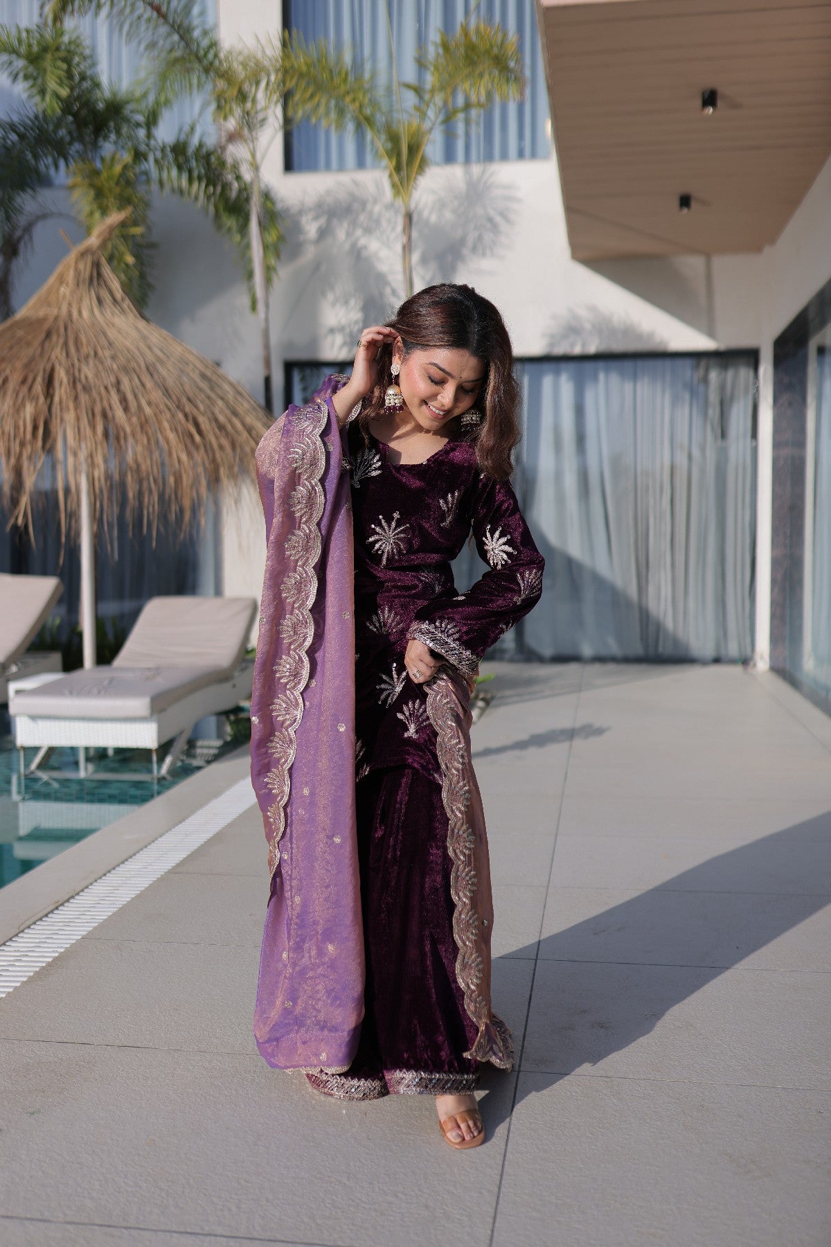 Wine Velvet Zari Embroidered Wedding Palazzo Suit for Women