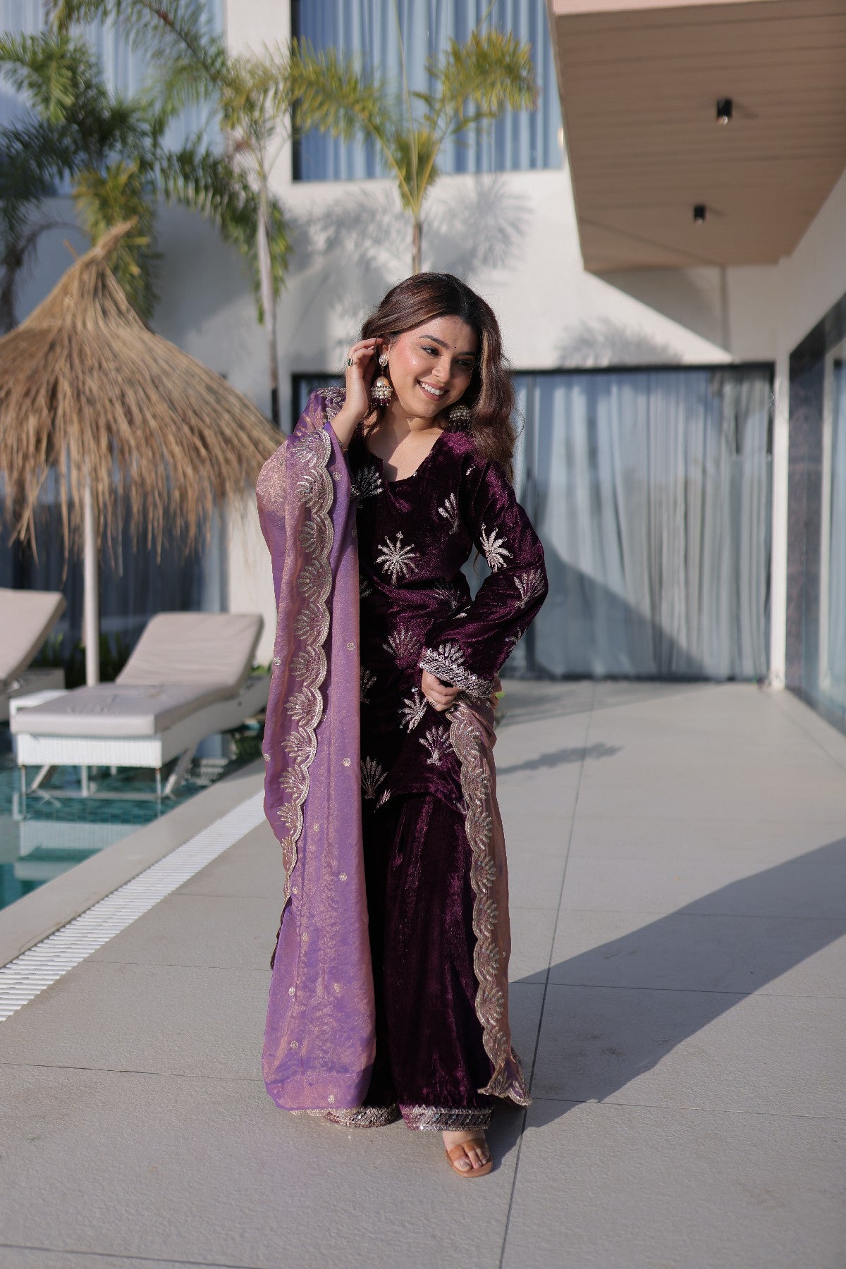Wine Velvet Zari Embroidered Wedding Palazzo Suit for Women